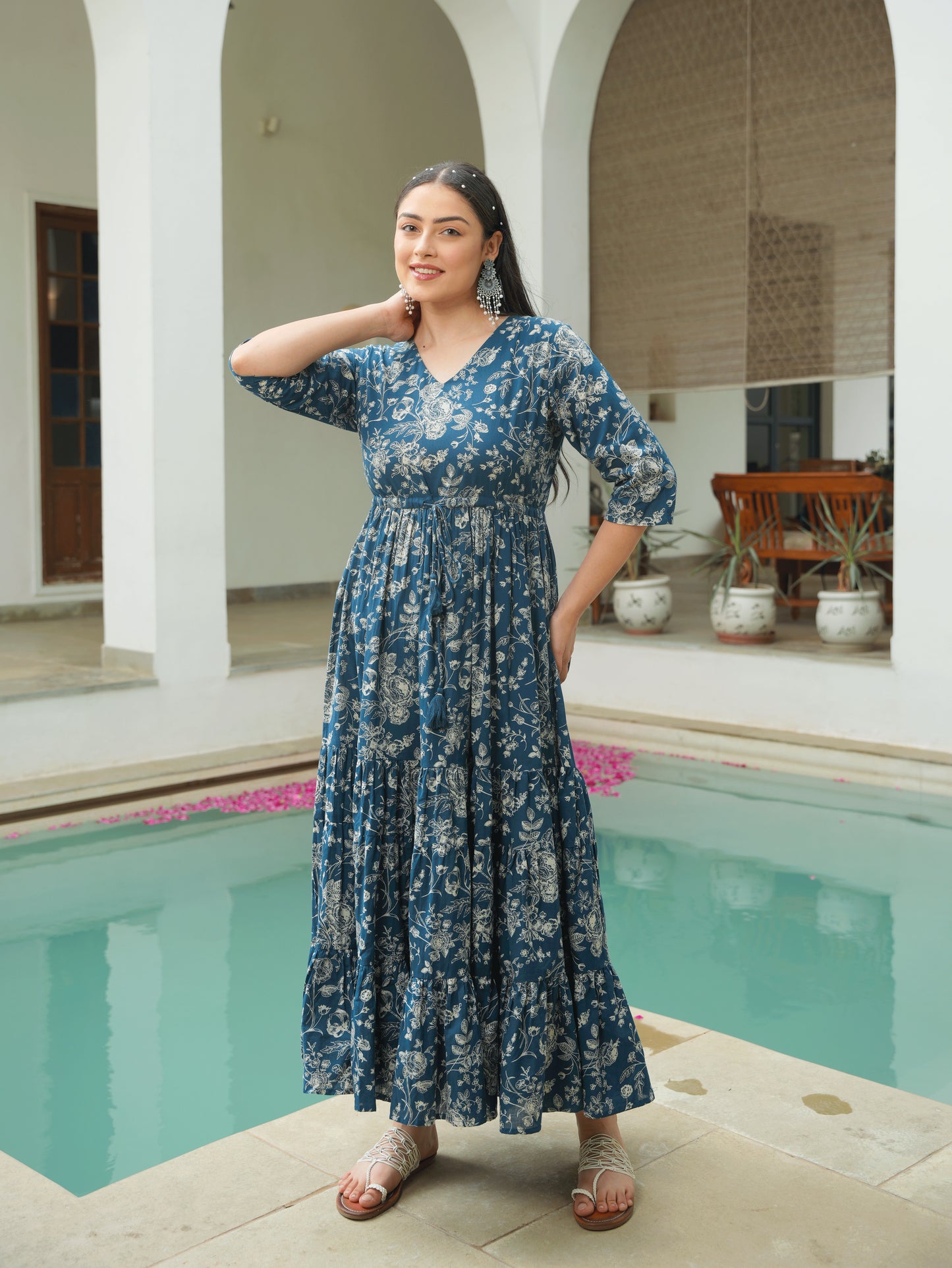 Soft Cotton Floral Anarkali Blue Dress