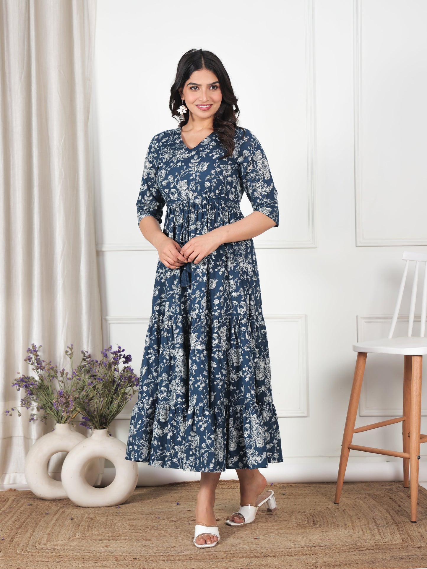 Soft Cotton Floral Anarkali Blue Dress