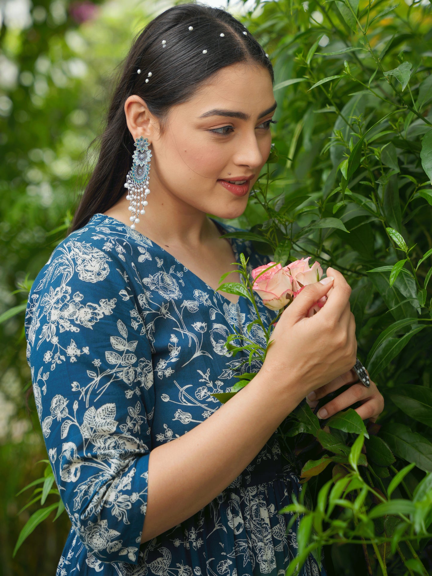Soft Cotton Floral Anarkali Blue Dress