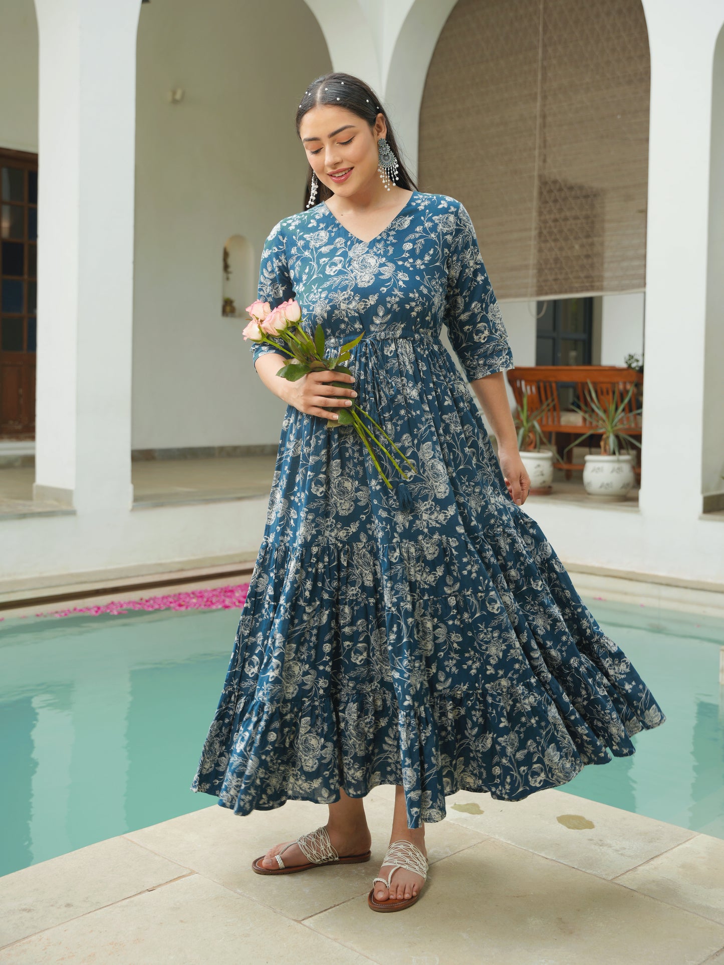 Soft Cotton Floral Anarkali Blue Dress