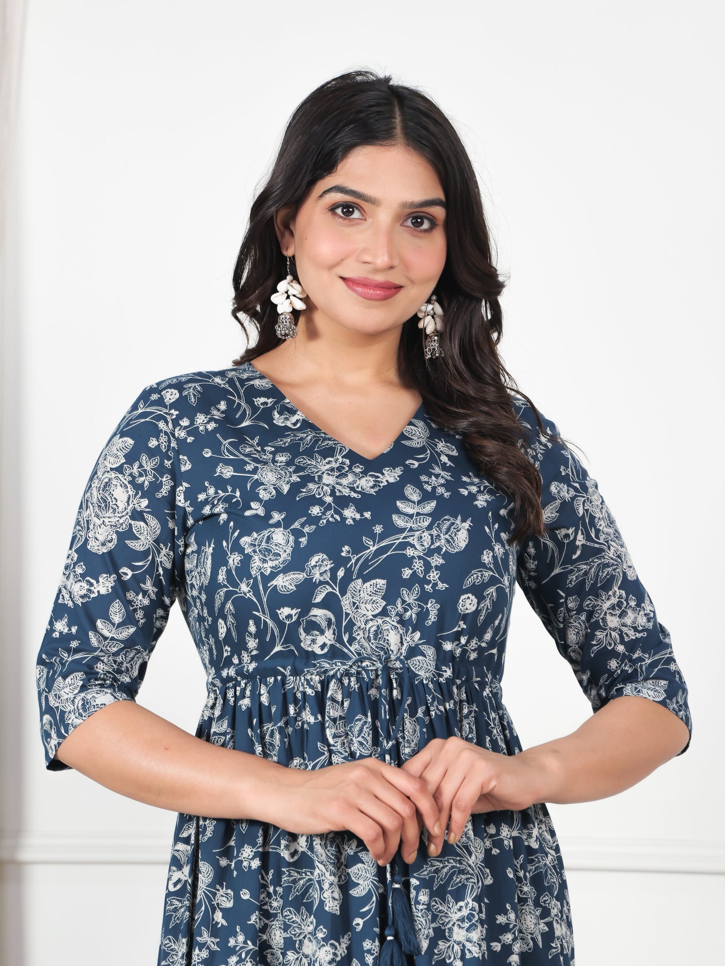 Soft Cotton Floral Anarkali Blue Dress