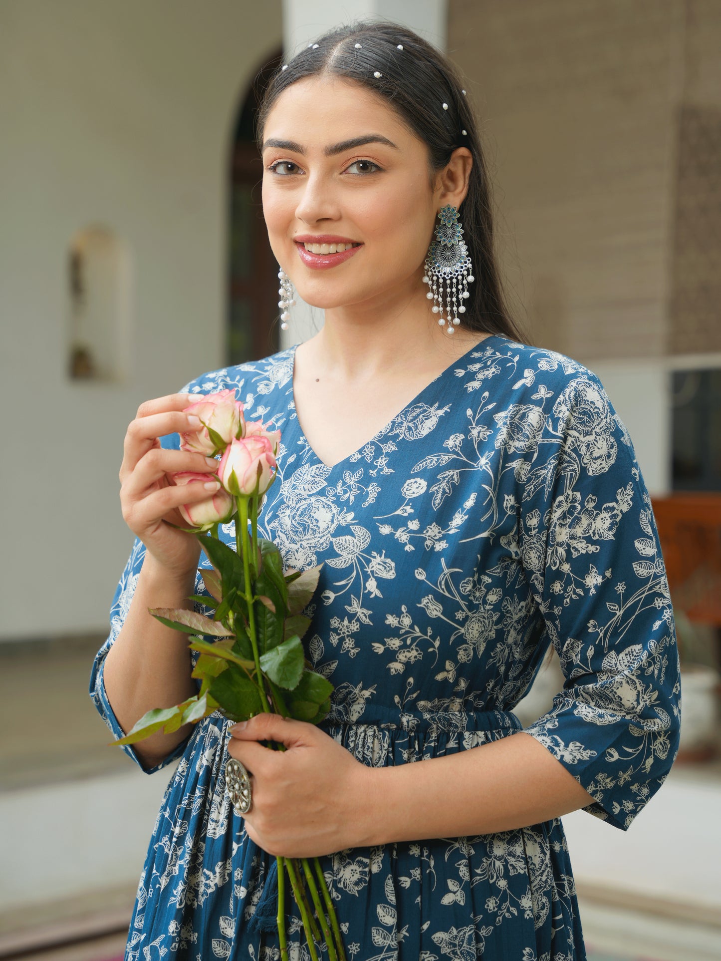 Soft Cotton Floral Anarkali Blue Dress
