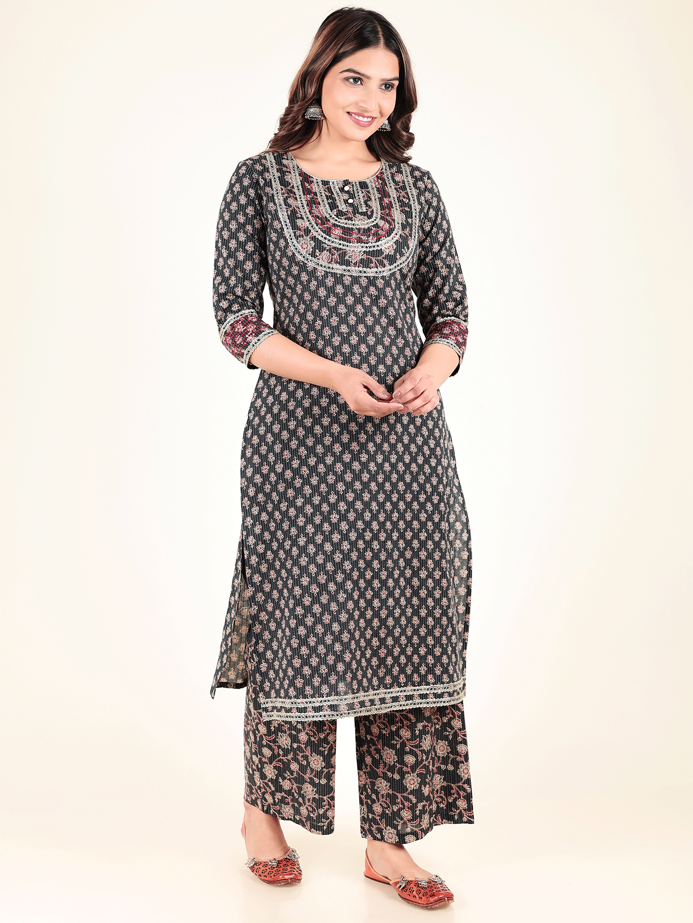 Kantha Cotton Floral Straight Blue Kurta