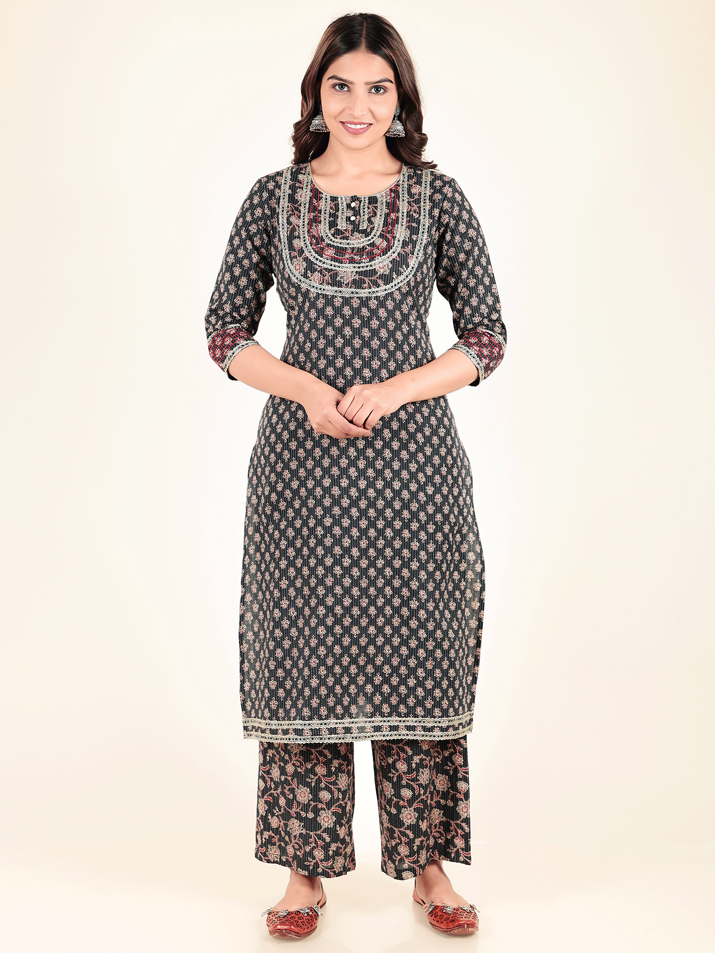 Kantha Cotton Floral Straight Blue Kurta