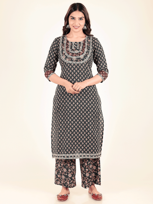 Kantha Cotton Floral Straight Blue Kurta