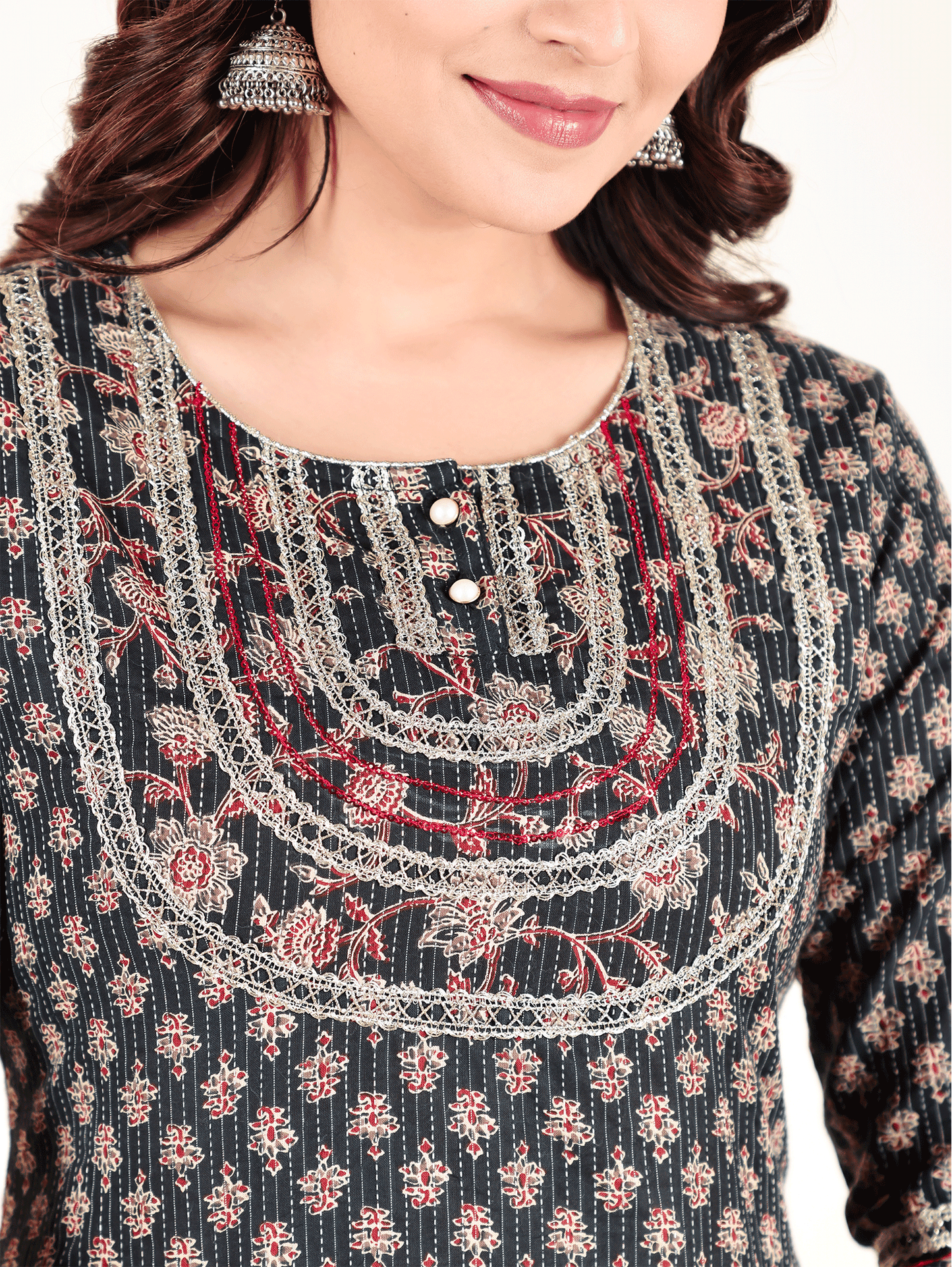 Kantha Cotton Floral Straight Blue Kurta