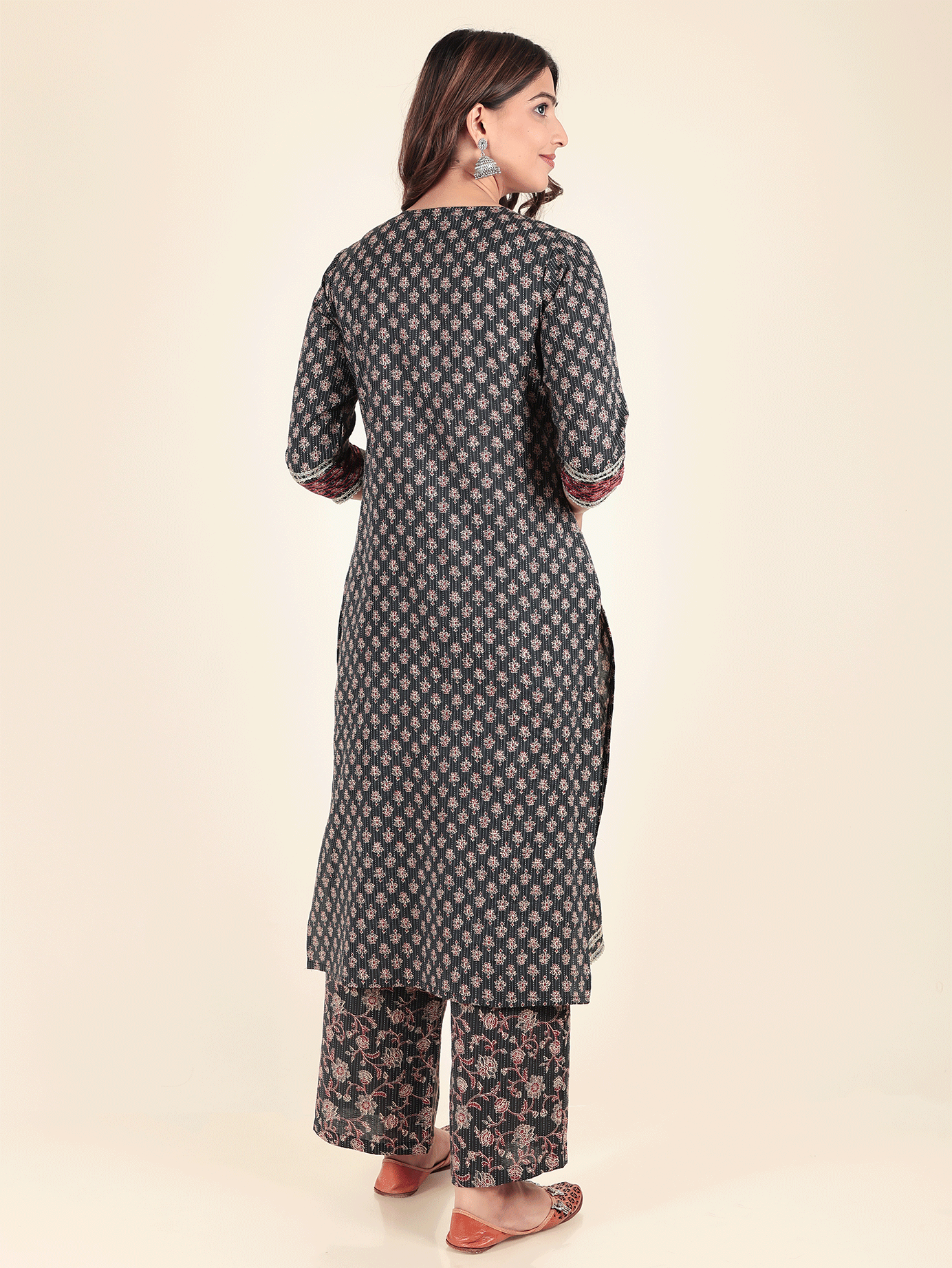 Kantha Cotton Floral Straight Blue Kurta