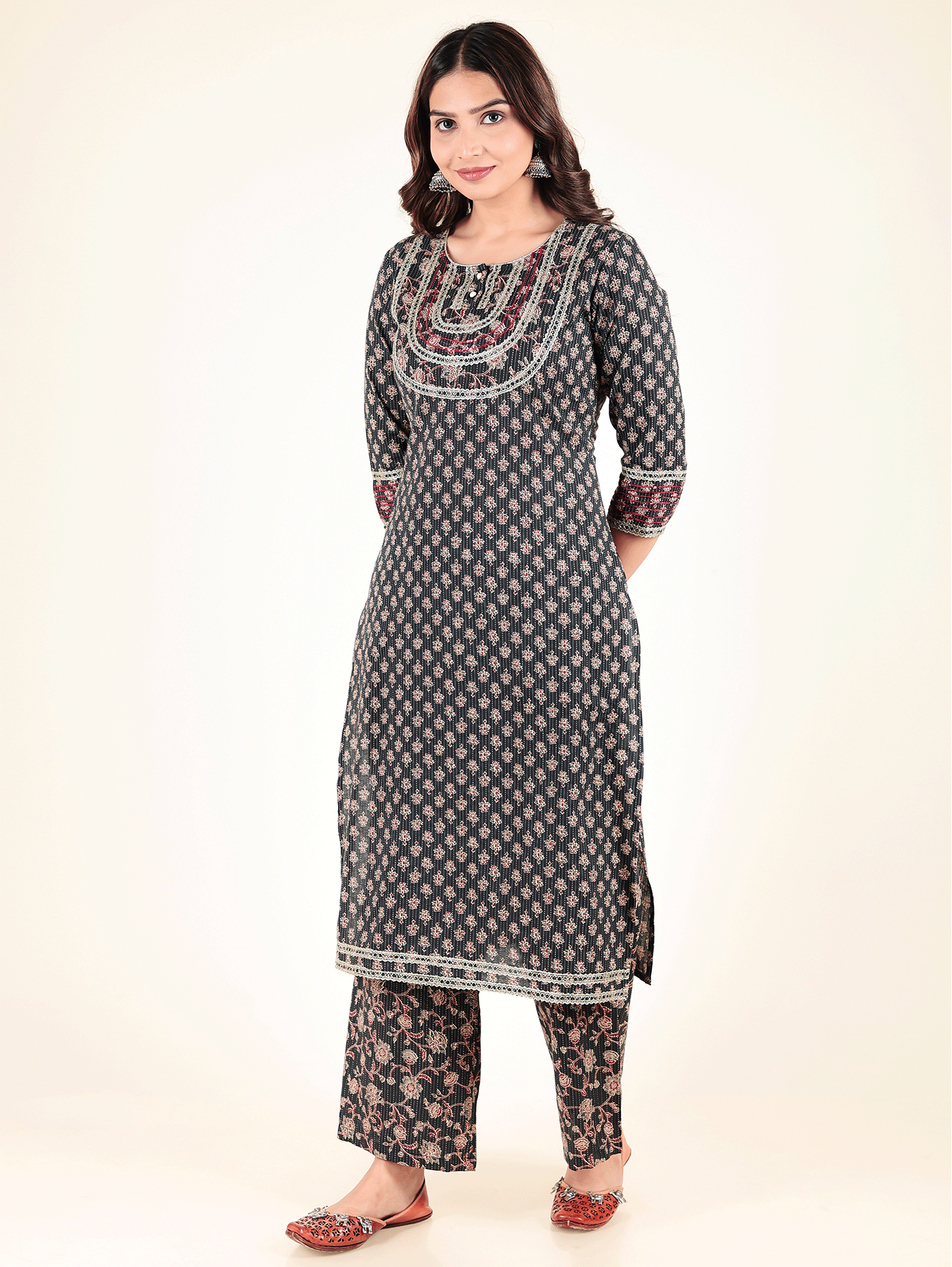 Kantha Cotton Floral Straight Blue Kurta