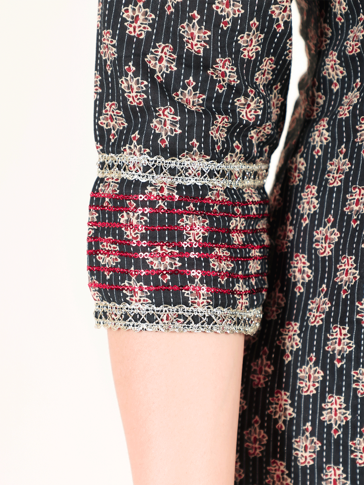 Kantha Cotton Floral Straight Blue Kurta