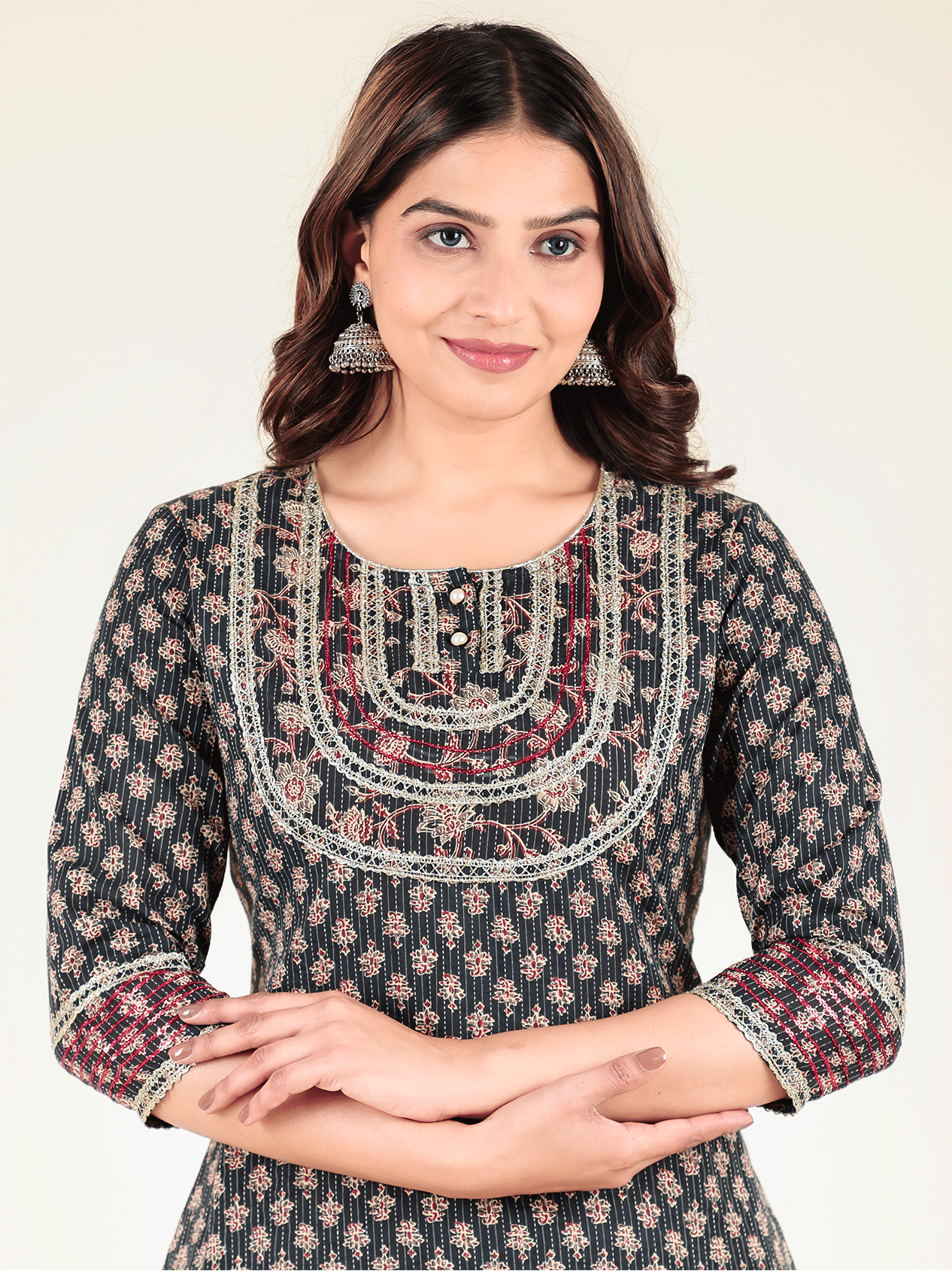Kantha Cotton Floral Straight Blue Kurta