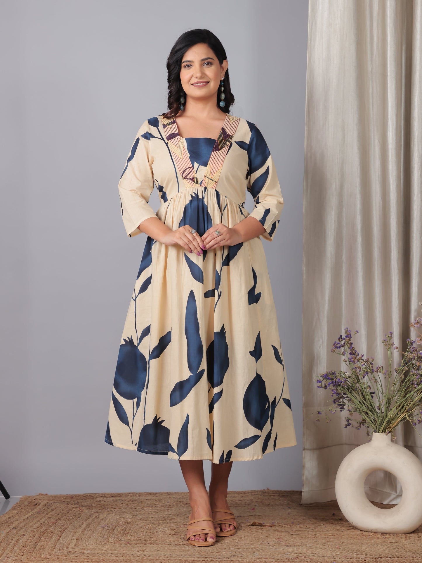 Embroidered Soft Cotton Floral Gathered Off White Dress