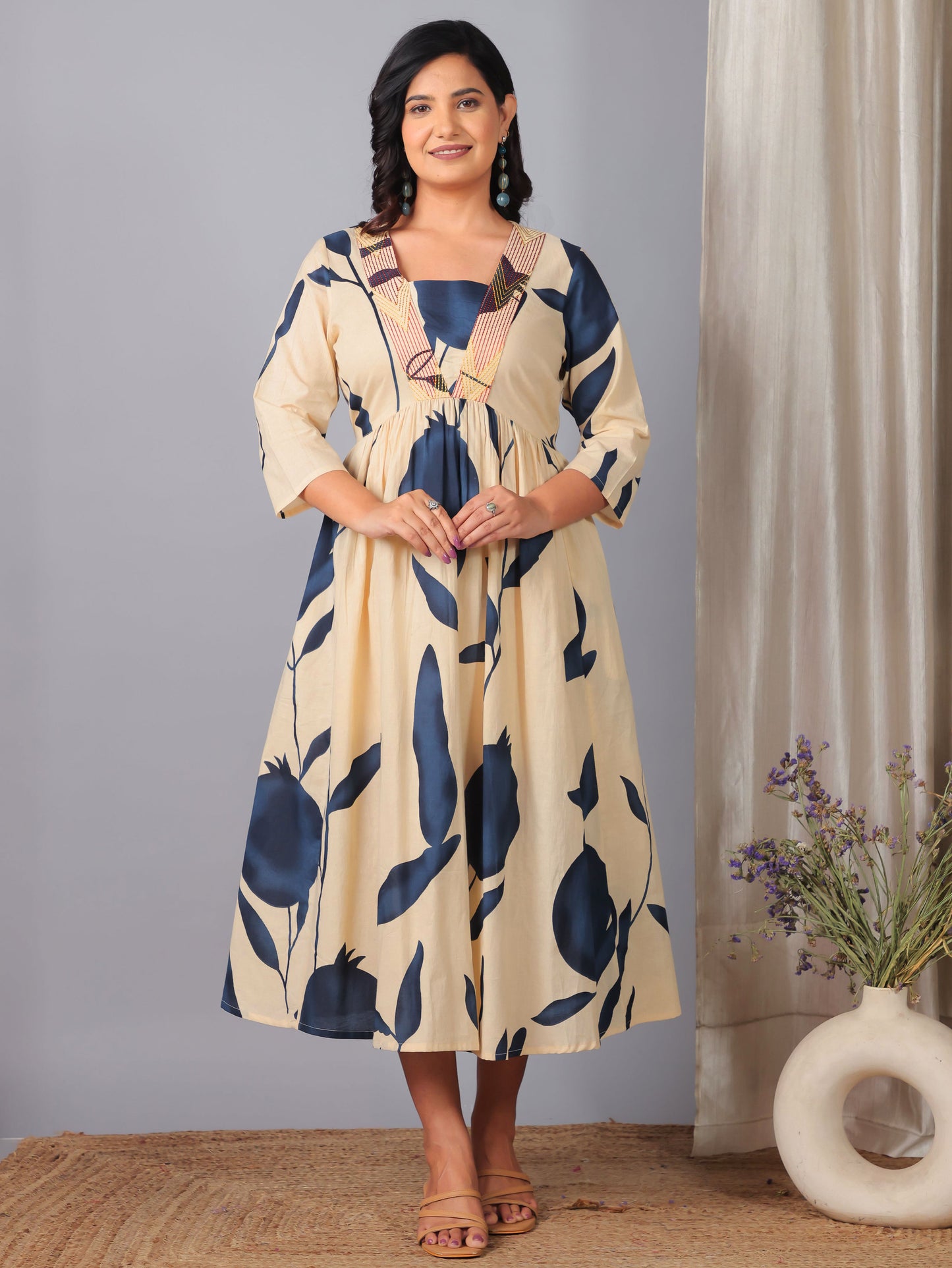 Embroidered Soft Cotton Floral Gathered Off White Dress