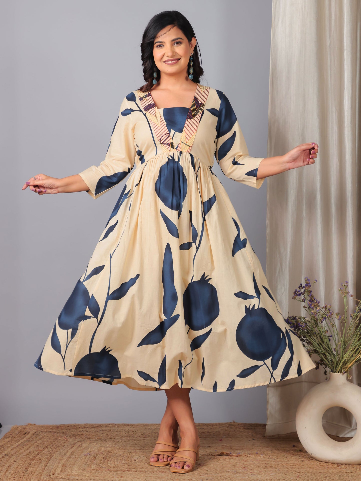 Embroidered Soft Cotton Floral Gathered Off White Dress