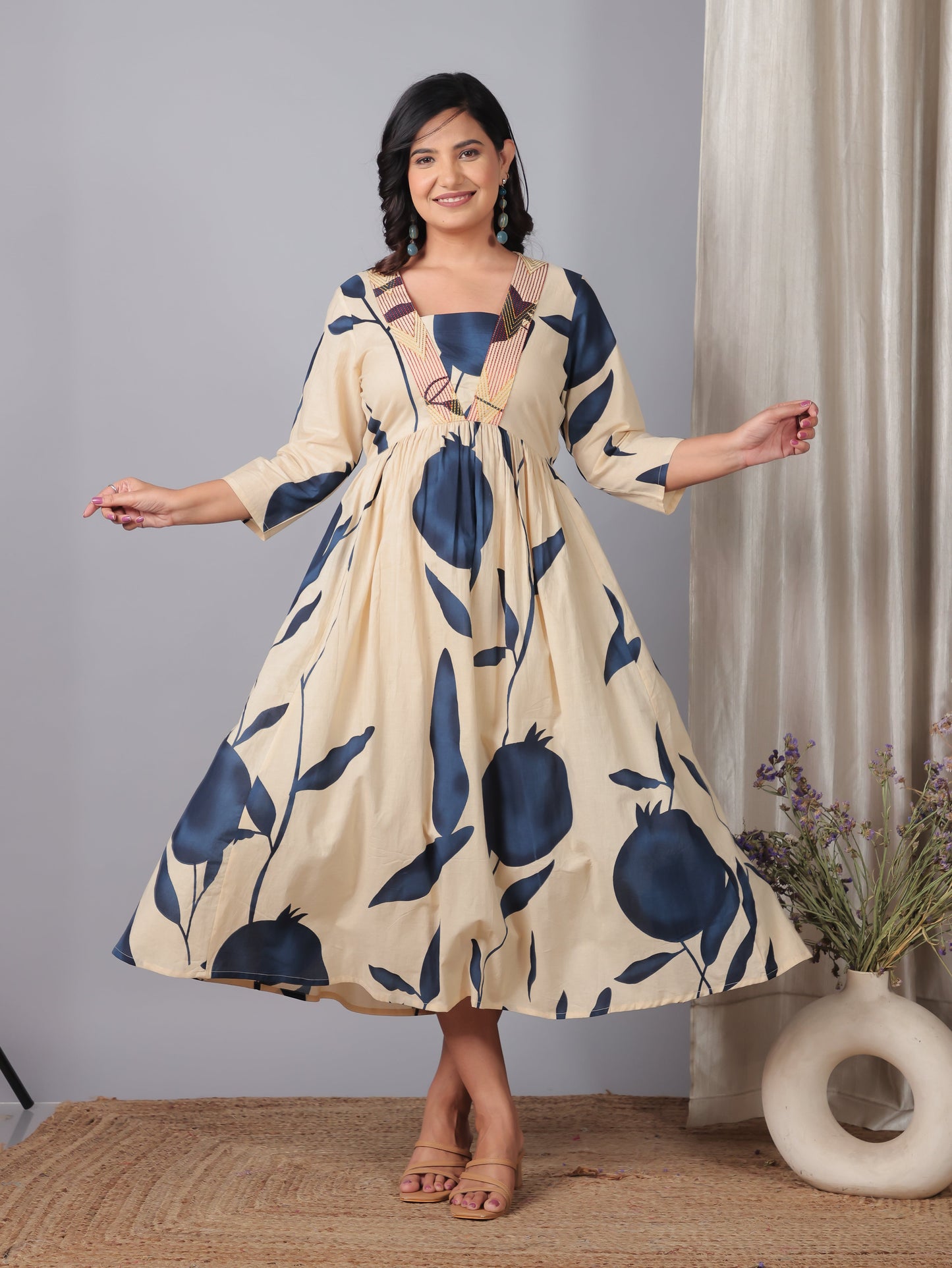 Embroidered Soft Cotton Floral Gathered Off White Dress