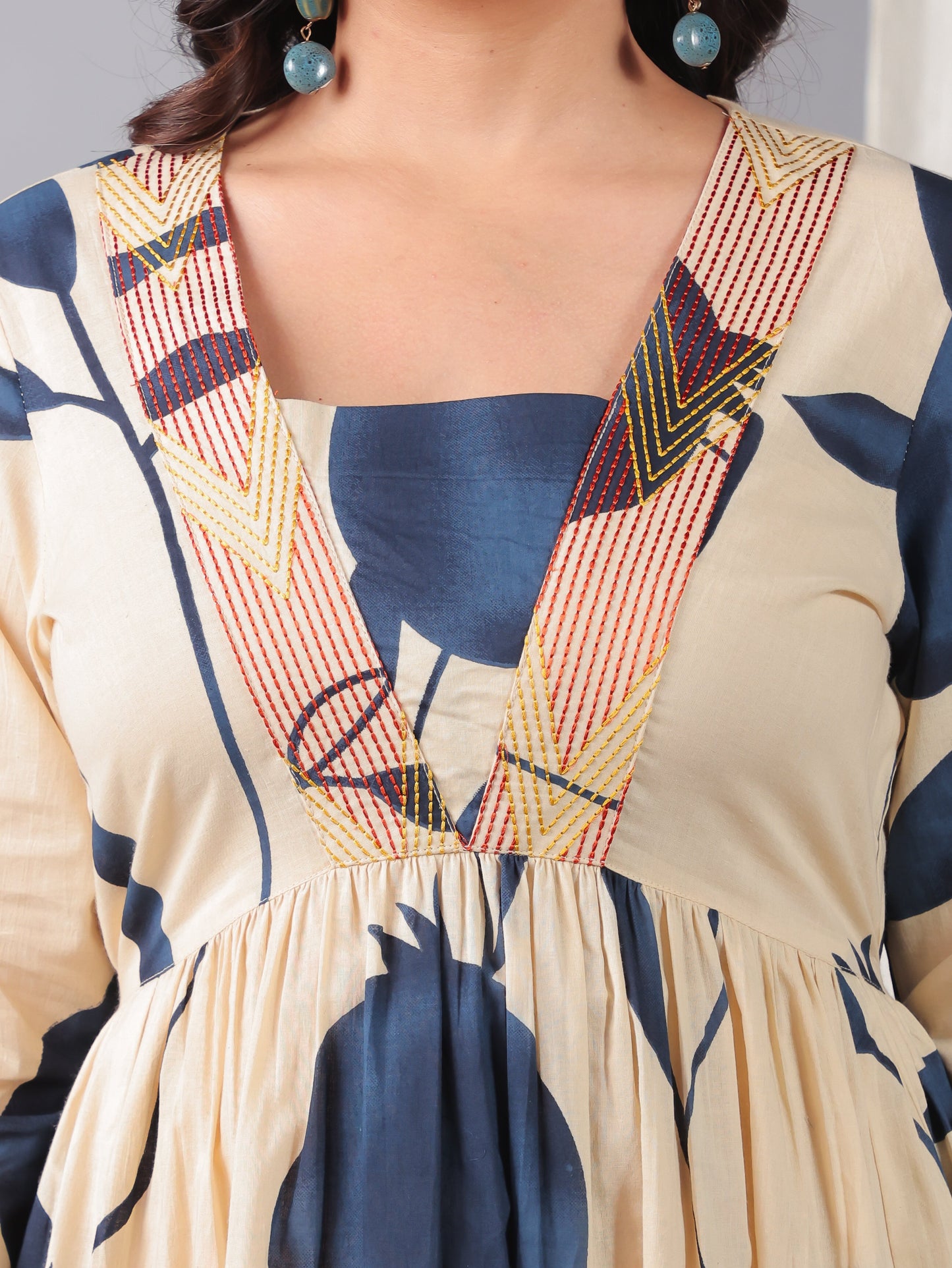 Embroidered Soft Cotton Floral Gathered Off White Dress
