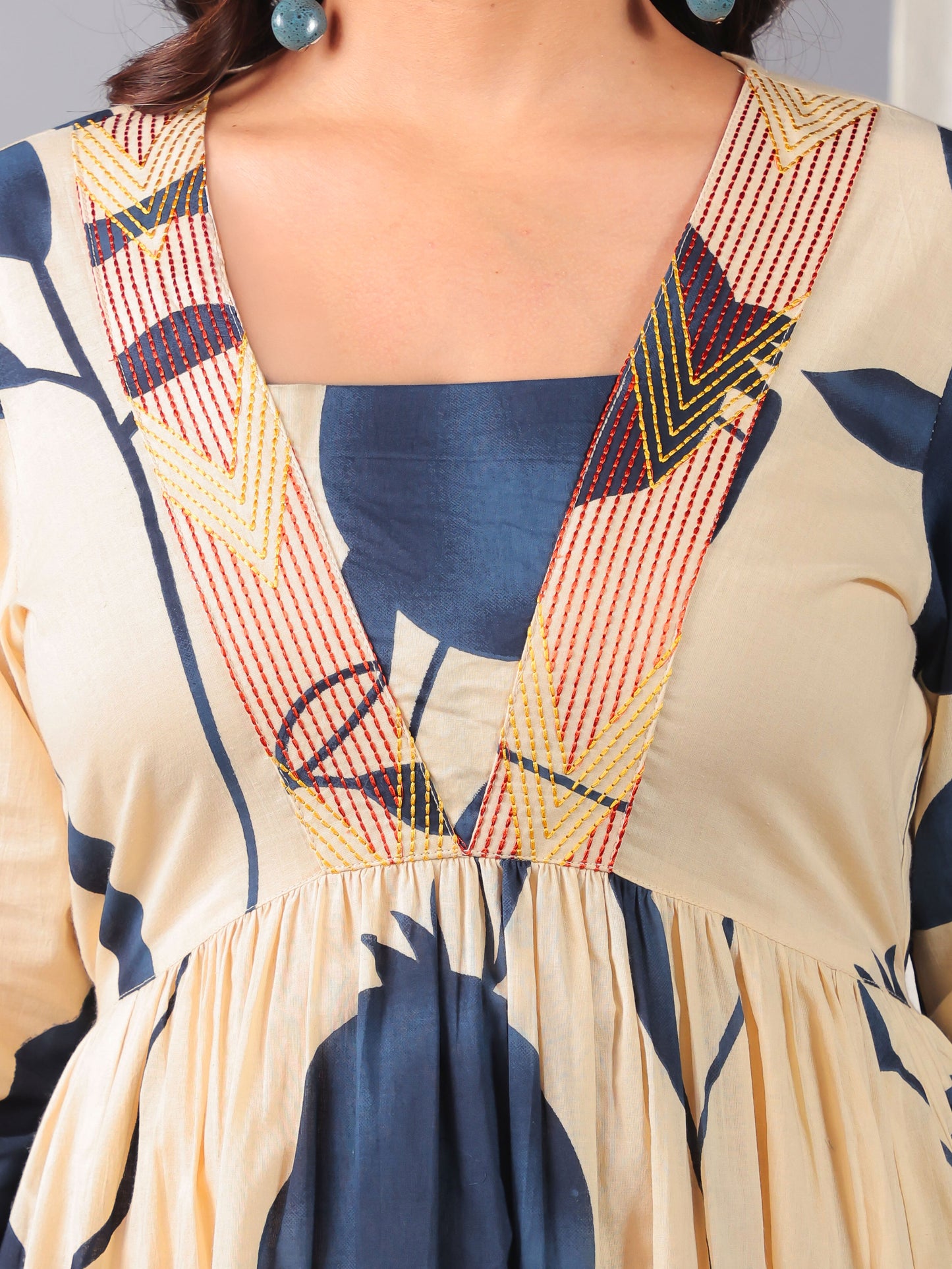Embroidered Soft Cotton Floral Gathered Off White Dress