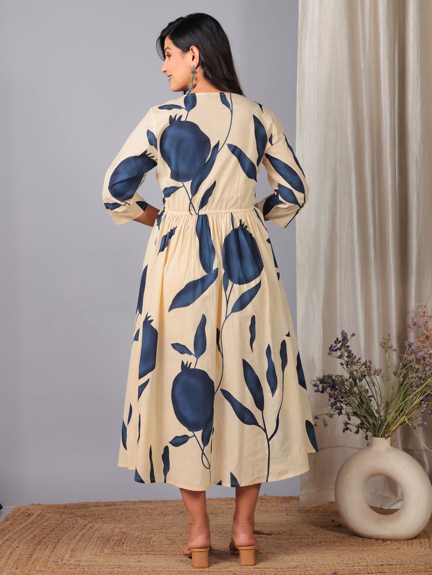 Embroidered Soft Cotton Floral Gathered Off White Dress