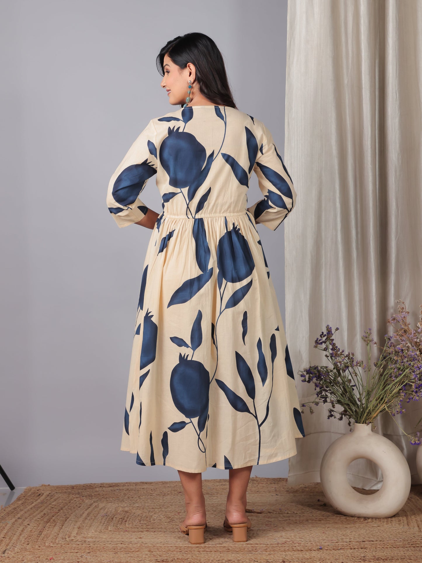 Embroidered Soft Cotton Floral Gathered Off White Dress