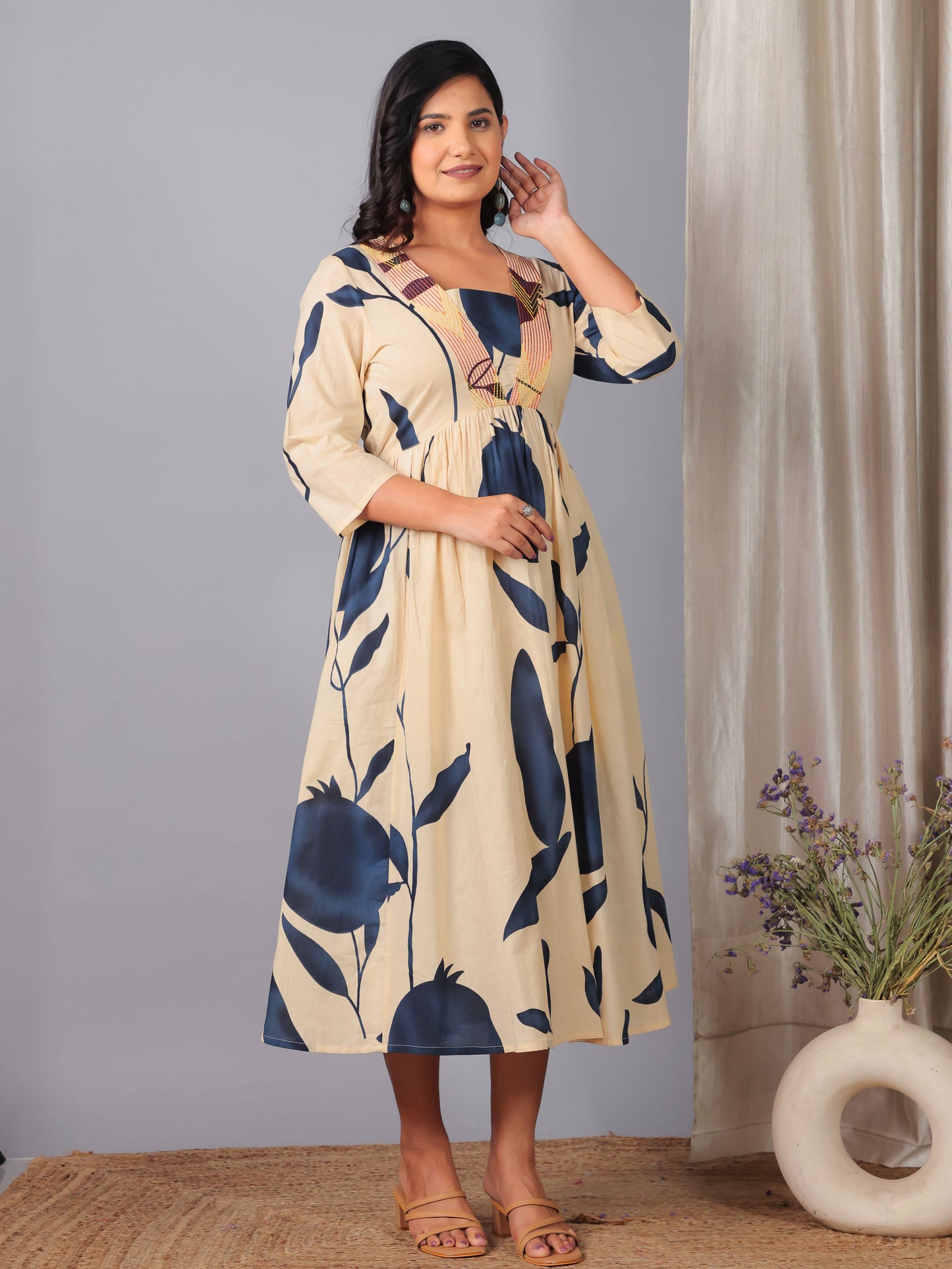 Embroidered Soft Cotton Floral Gathered Off White Dress