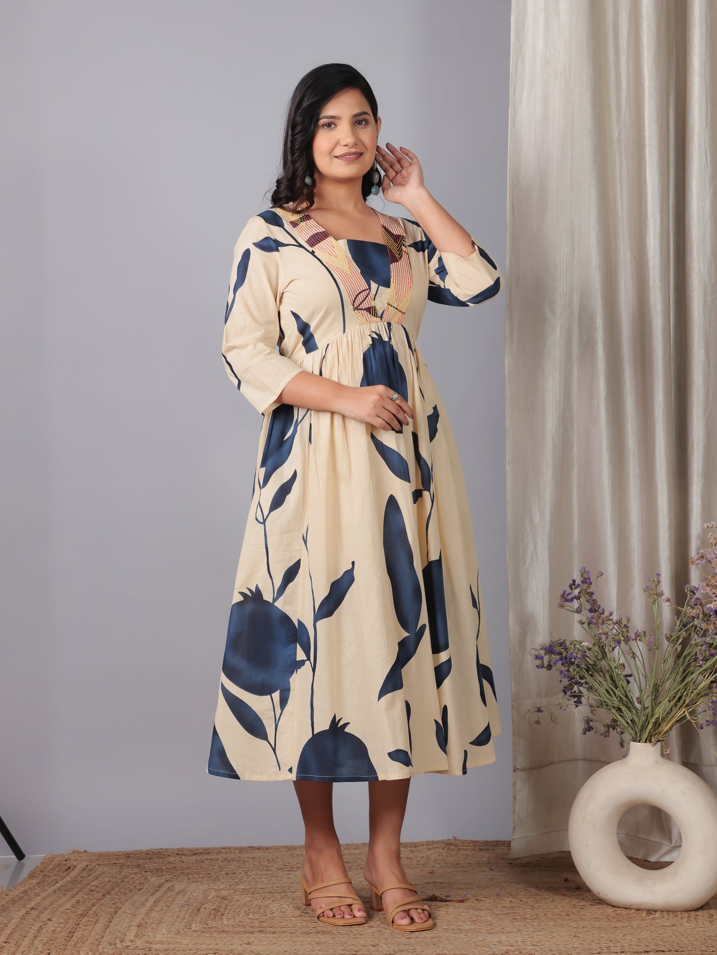 Embroidered Soft Cotton Floral Gathered Off White Dress