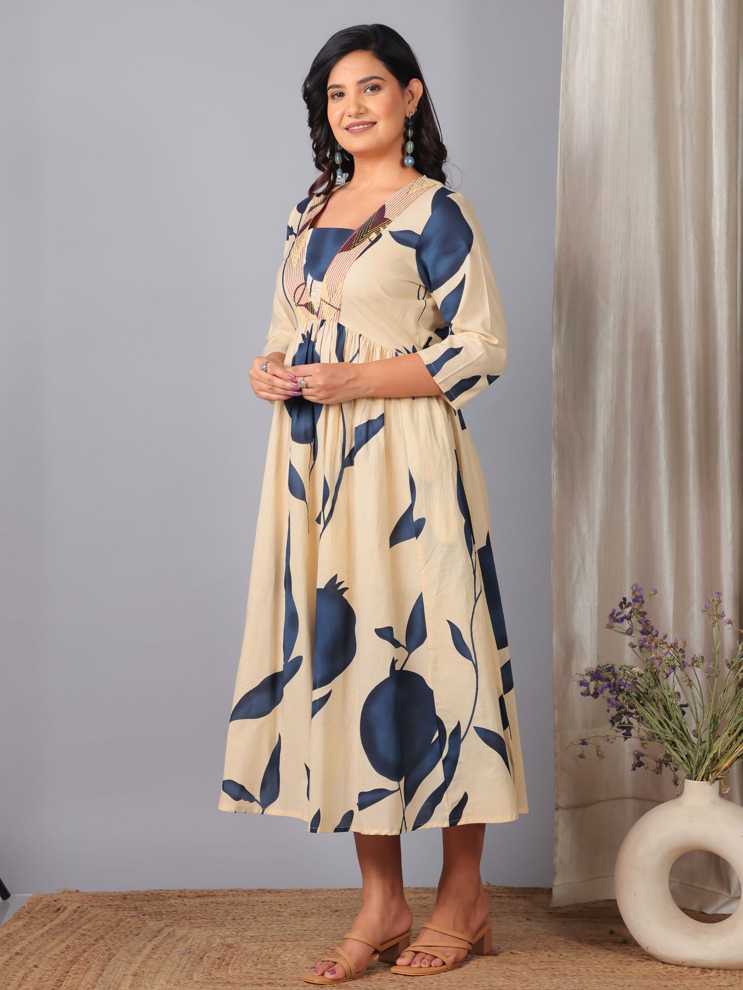 Embroidered Soft Cotton Floral Gathered Off White Dress