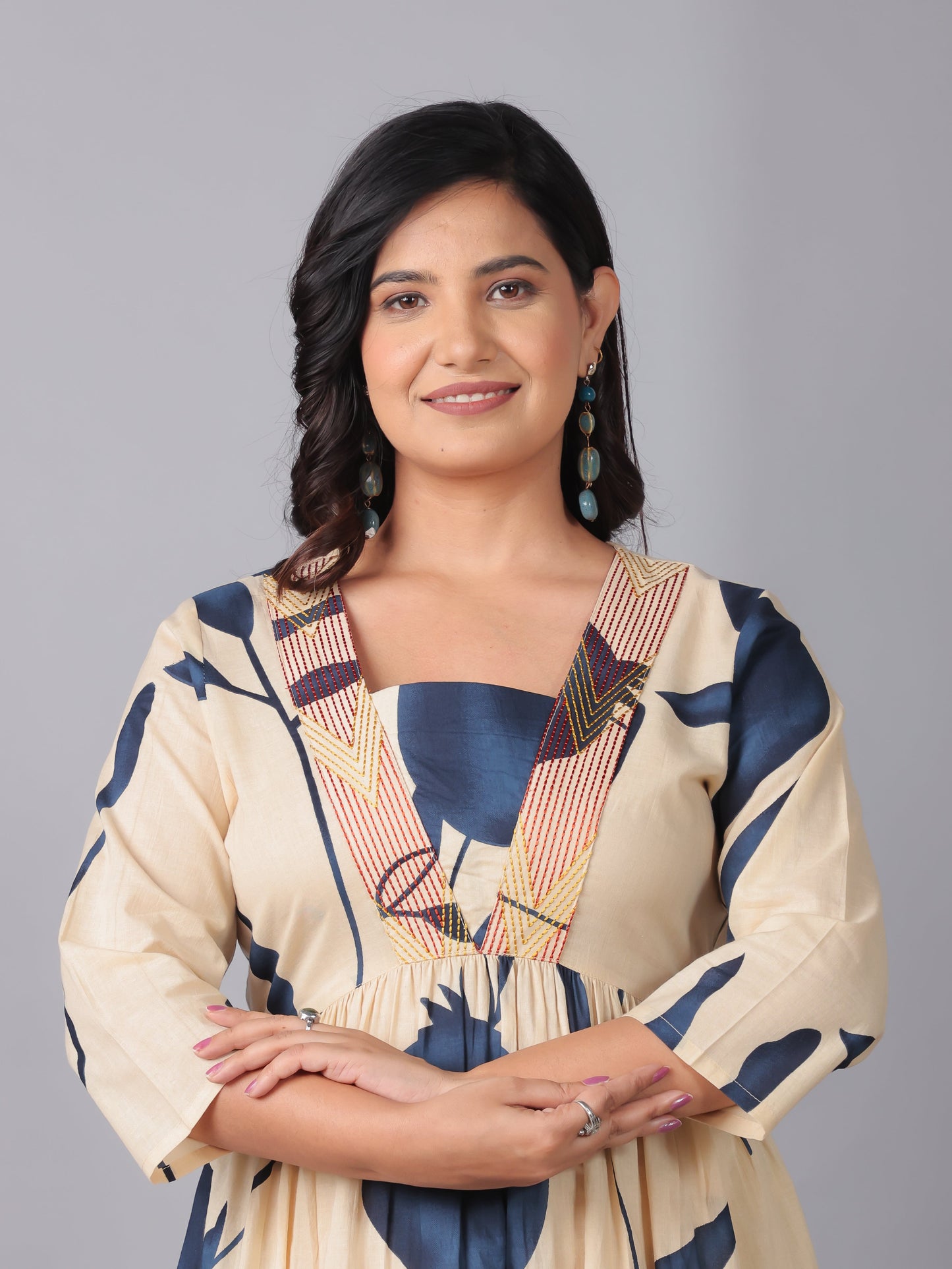 Embroidered Soft Cotton Floral Gathered Off White Dress