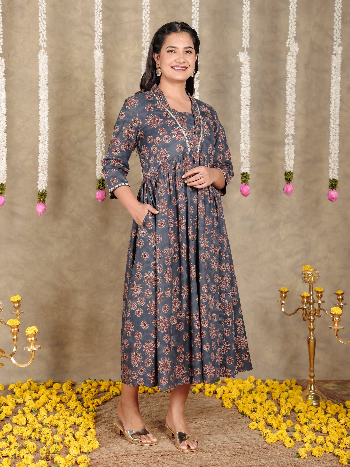 Embroidered Soft Cotton Floral Gathered Blue Dress