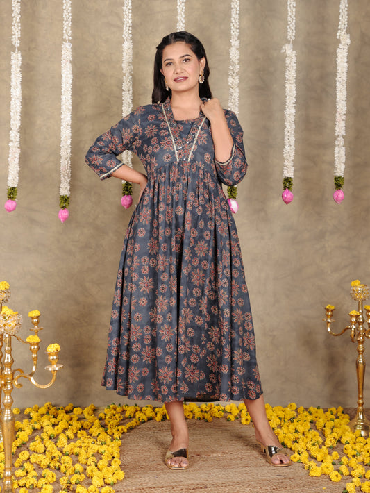 Embroidered Soft Cotton Floral Gathered Blue Dress
