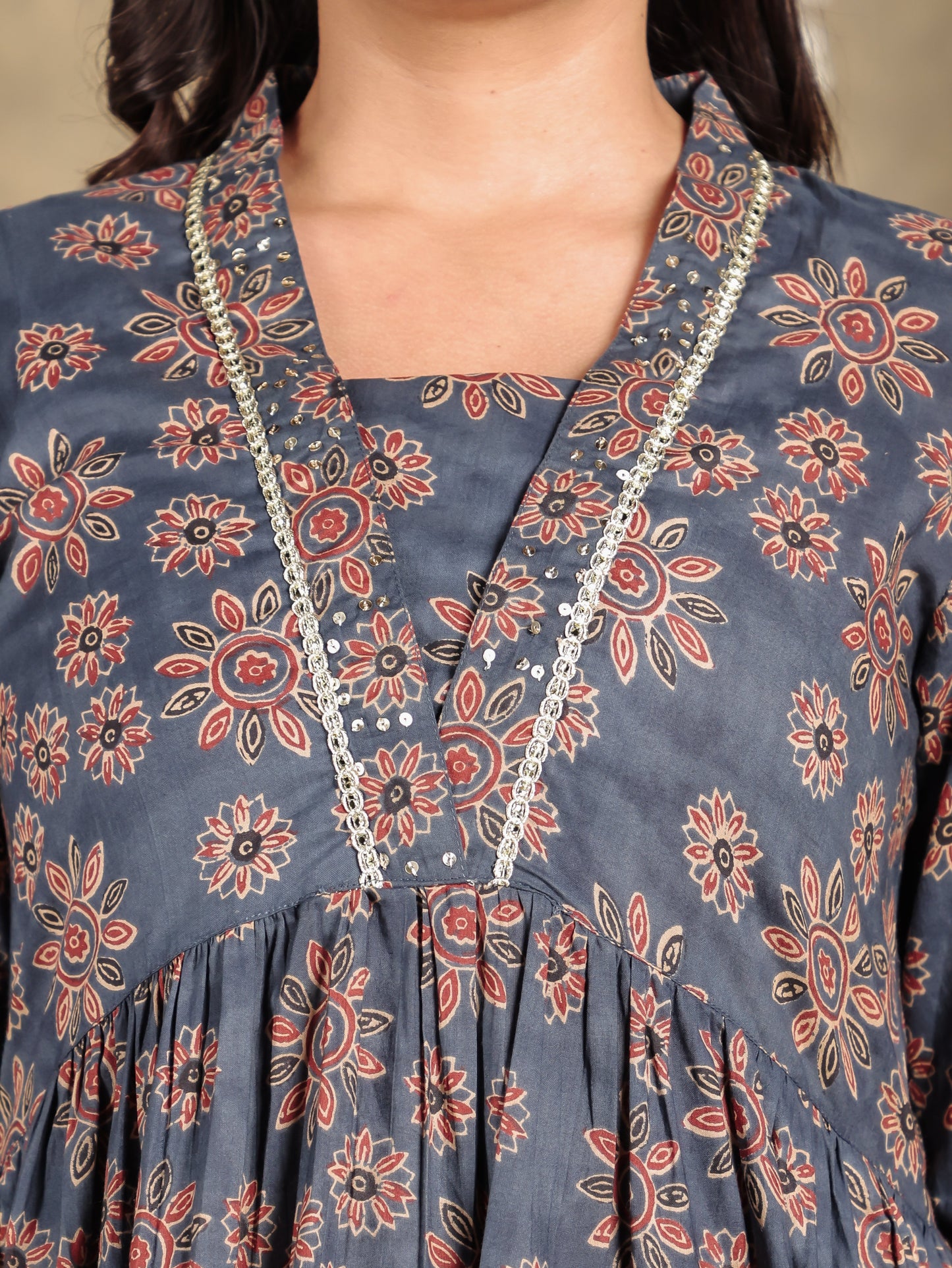 Embroidered Soft Cotton Floral Gathered Blue Dress