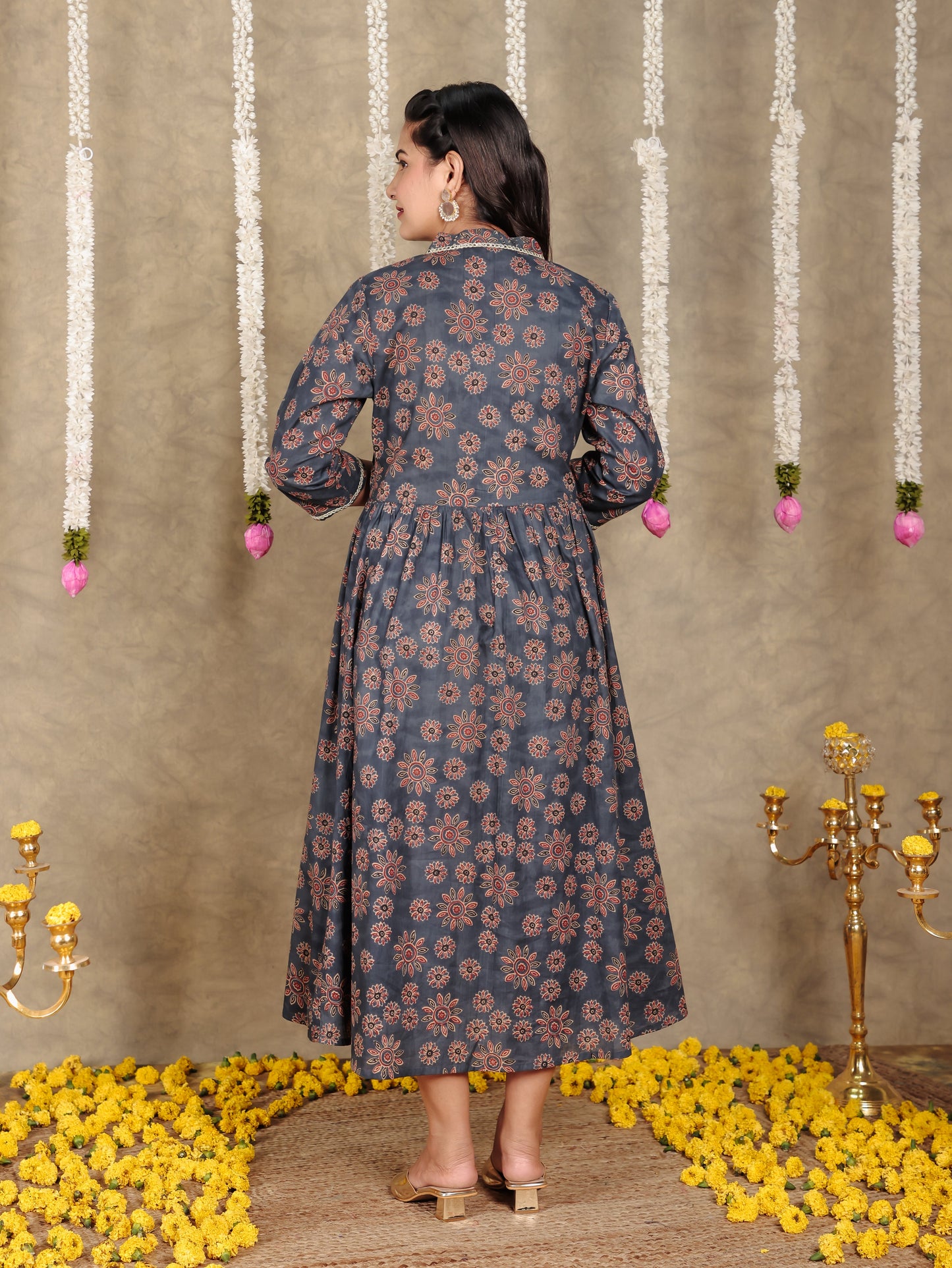 Embroidered Soft Cotton Floral Gathered Blue Dress