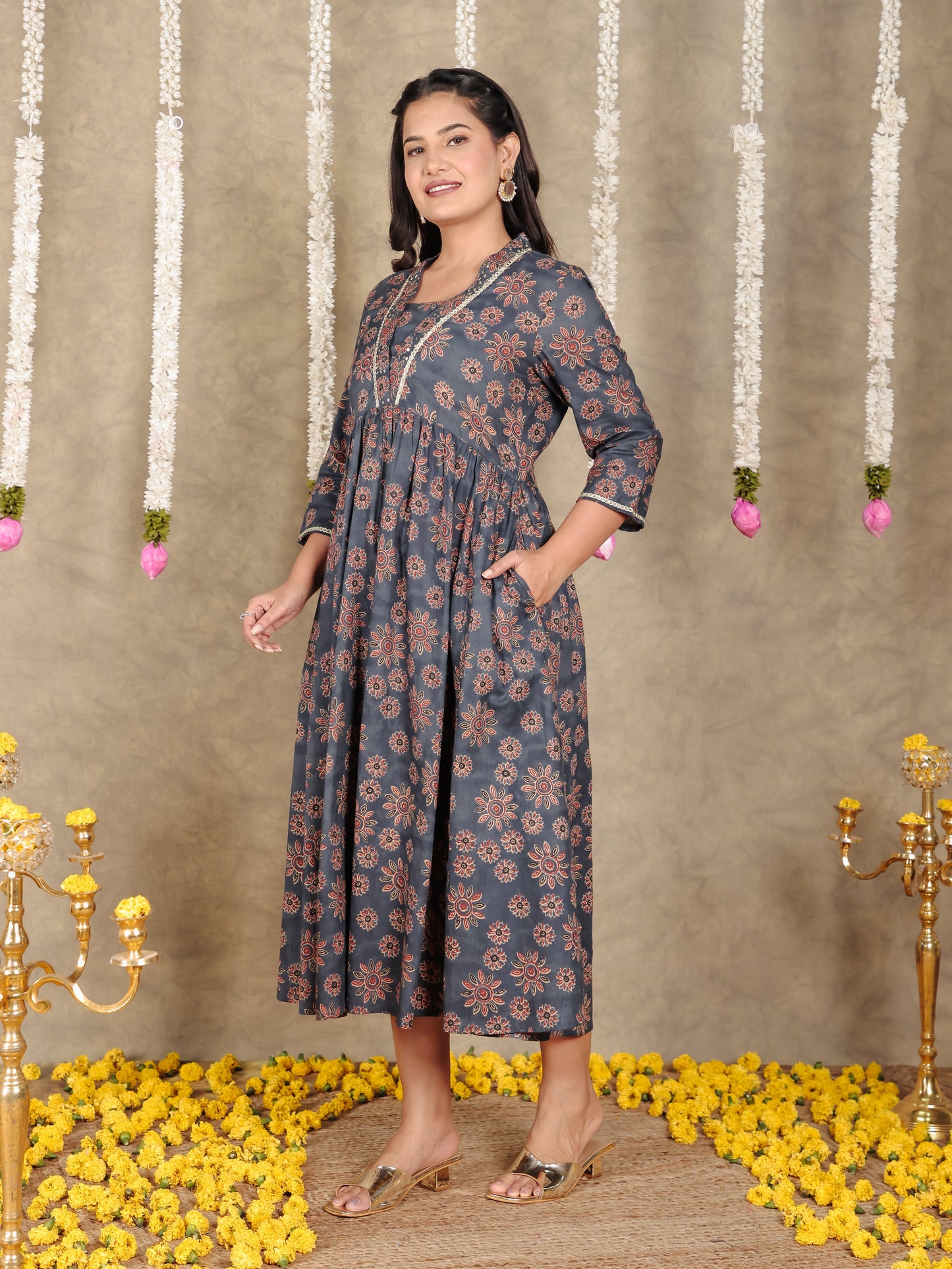 Embroidered Soft Cotton Floral Gathered Blue Dress