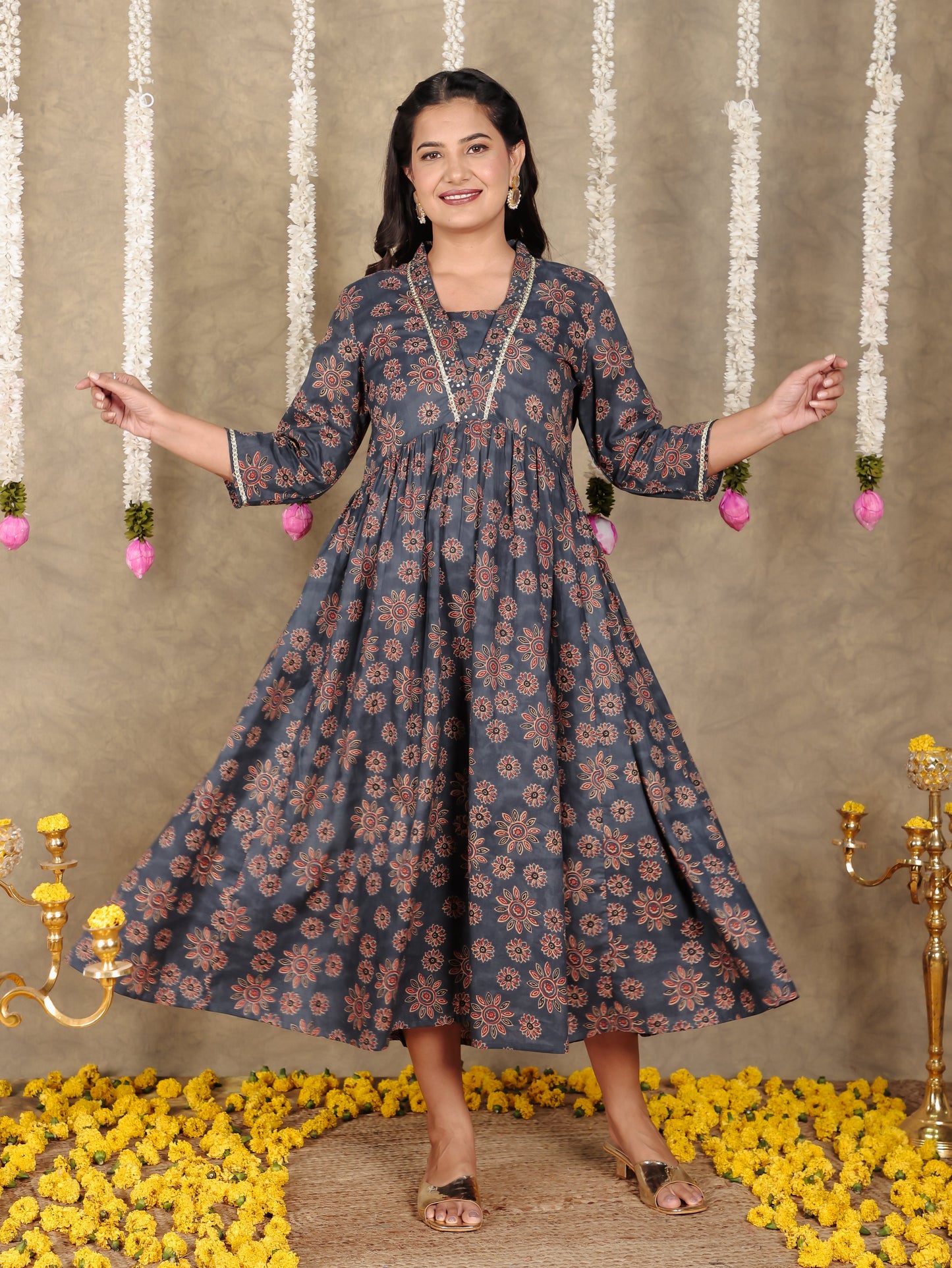 Embroidered Soft Cotton Floral Gathered Blue Dress