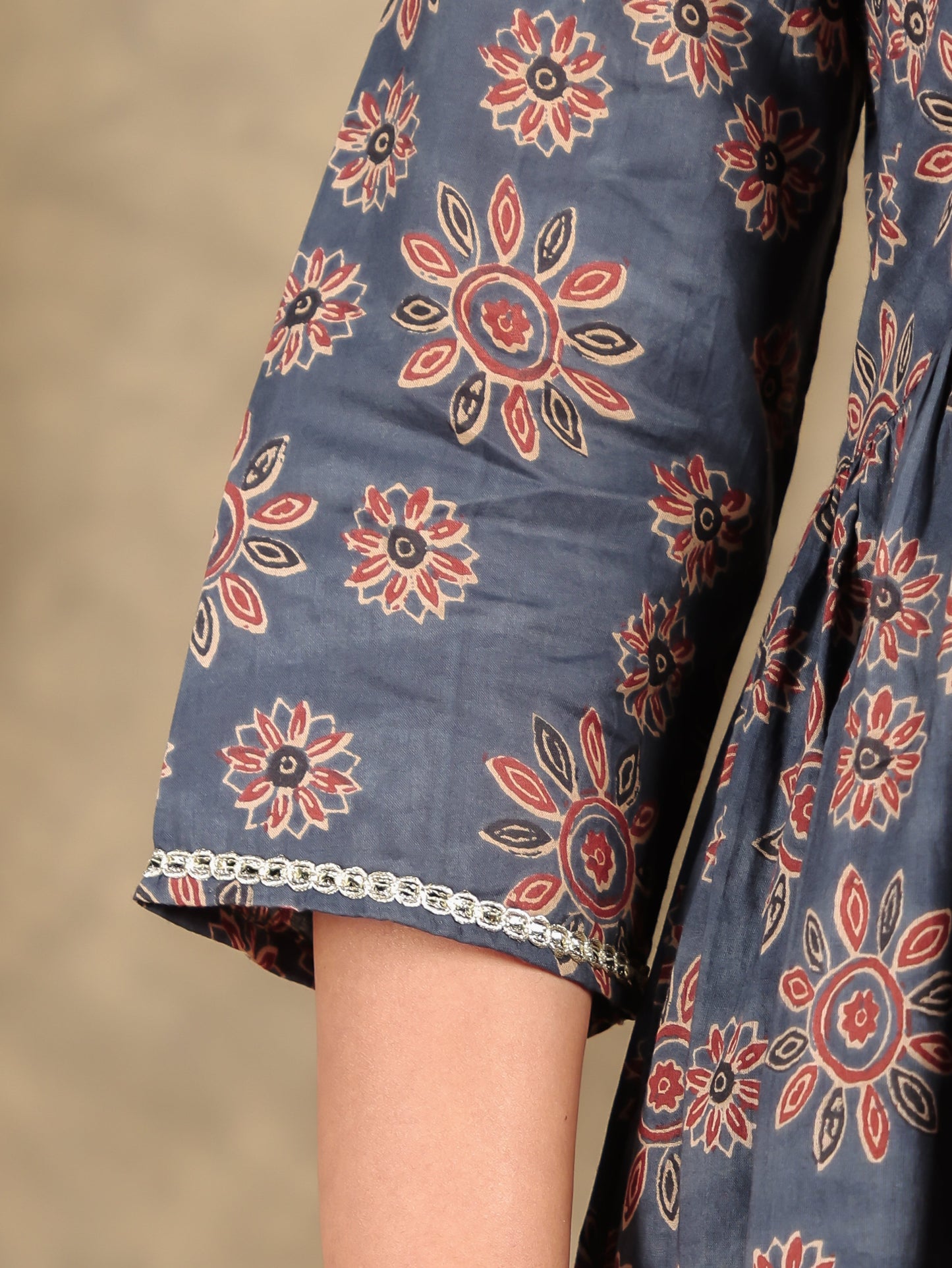 Embroidered Soft Cotton Floral Gathered Blue Dress