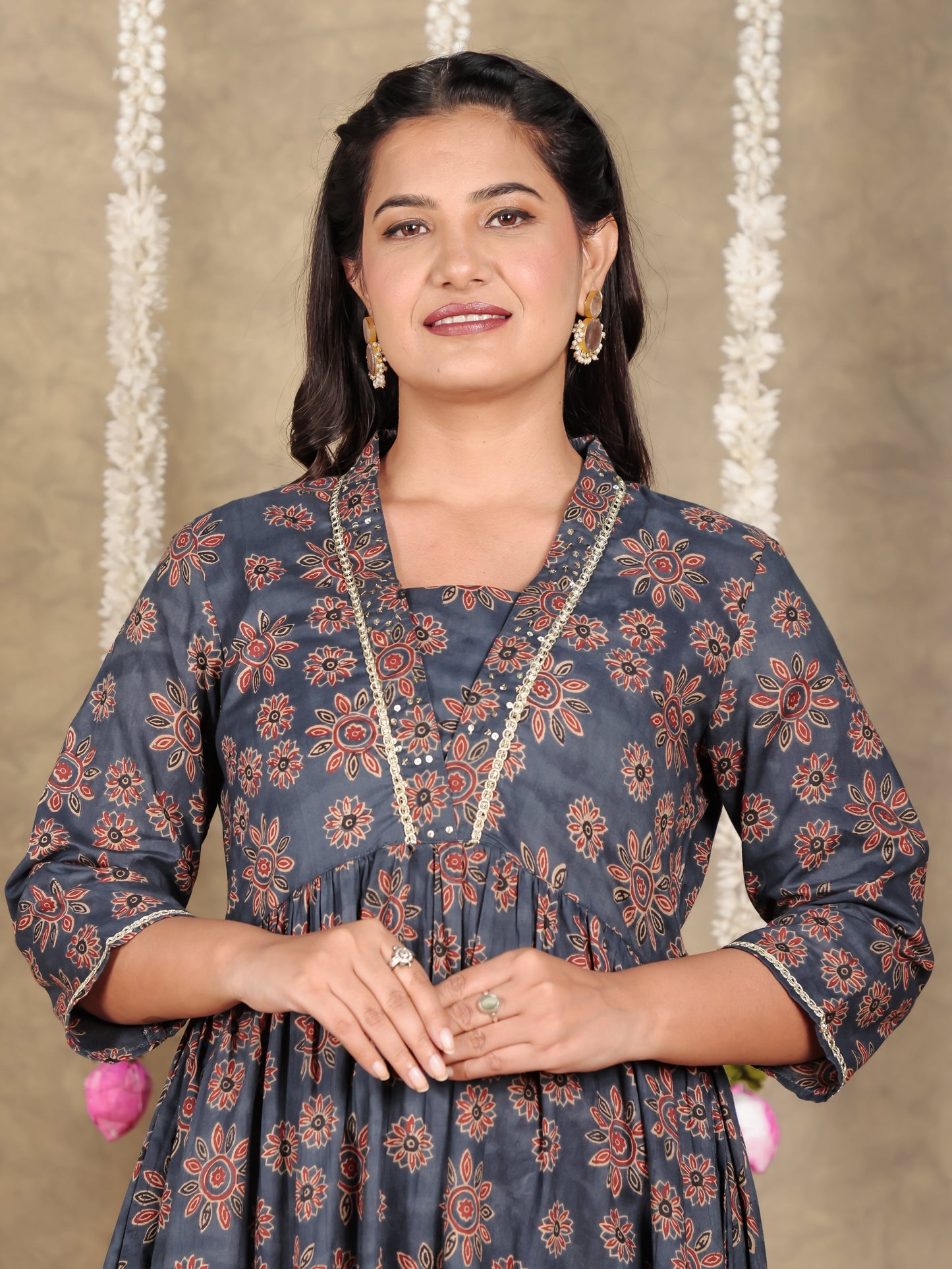 Embroidered Soft Cotton Floral Gathered Blue Dress