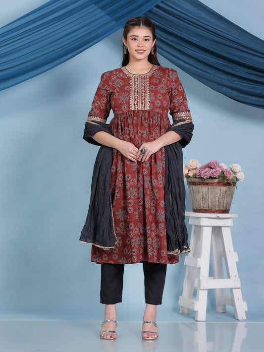 Embroidered Soft Cotton Floral Anarkali Rust Kurta