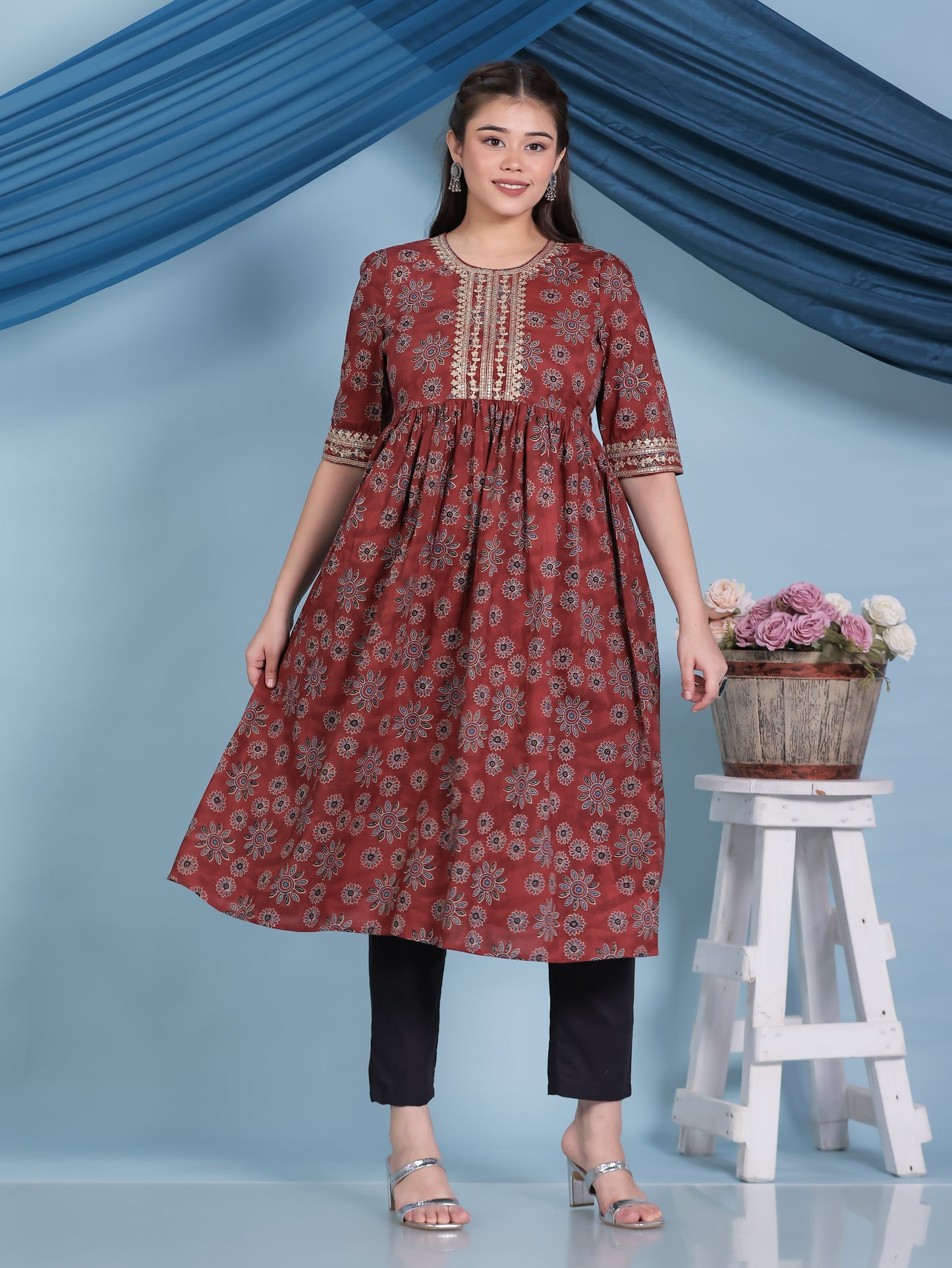 Embroidered Soft Cotton Floral Anarkali Rust Kurta