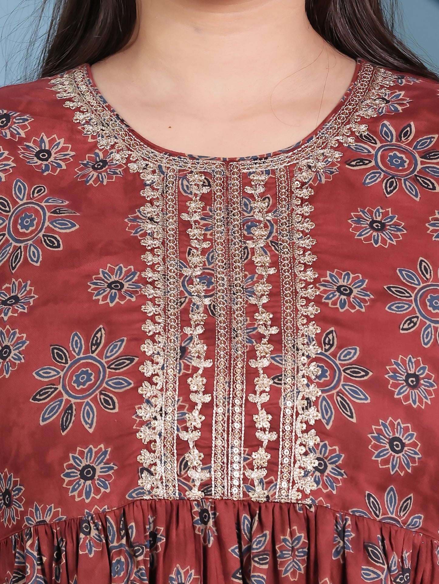 Embroidered Soft Cotton Floral Anarkali Rust Kurta