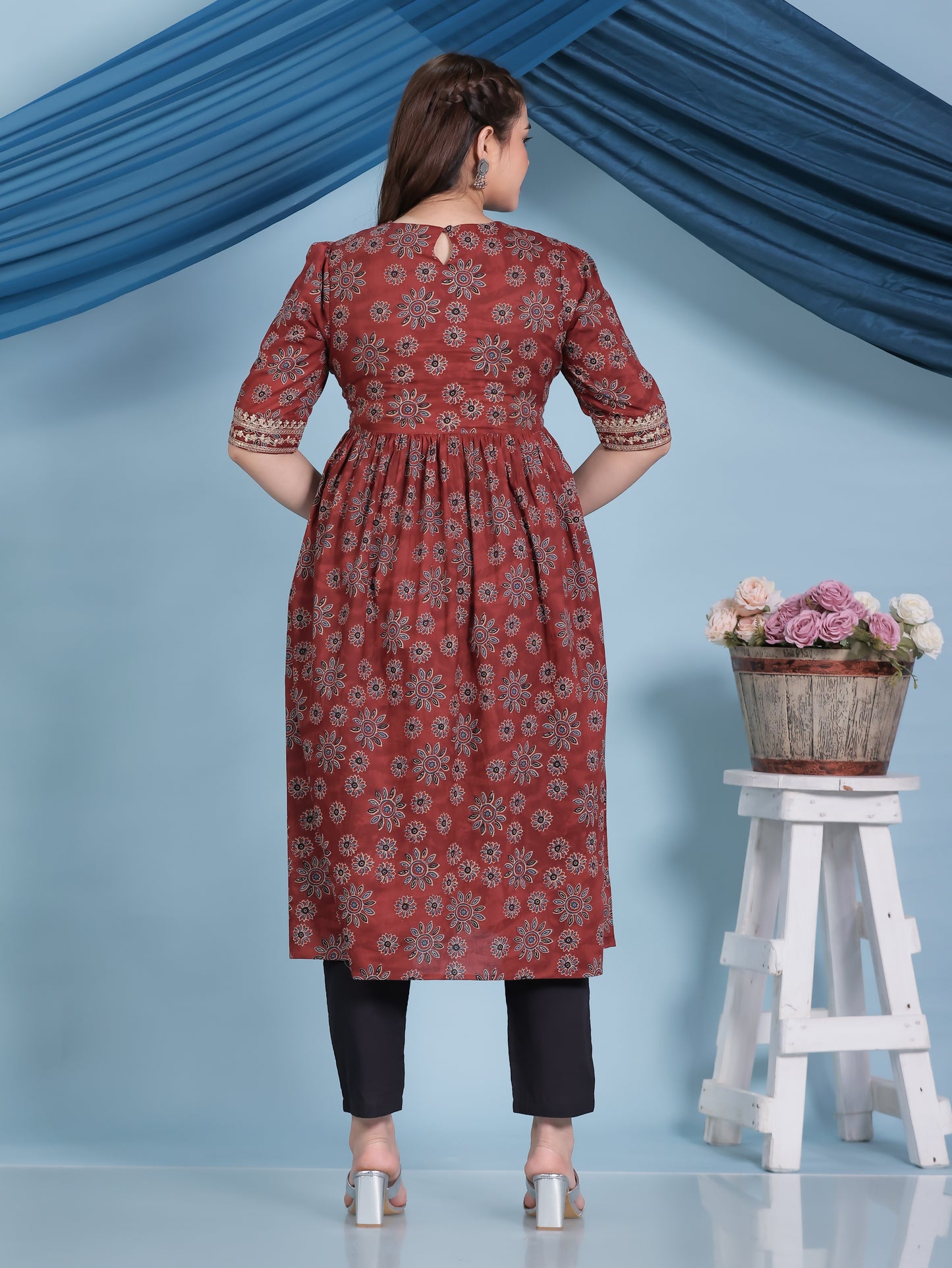Embroidered Soft Cotton Floral Anarkali Rust Kurta