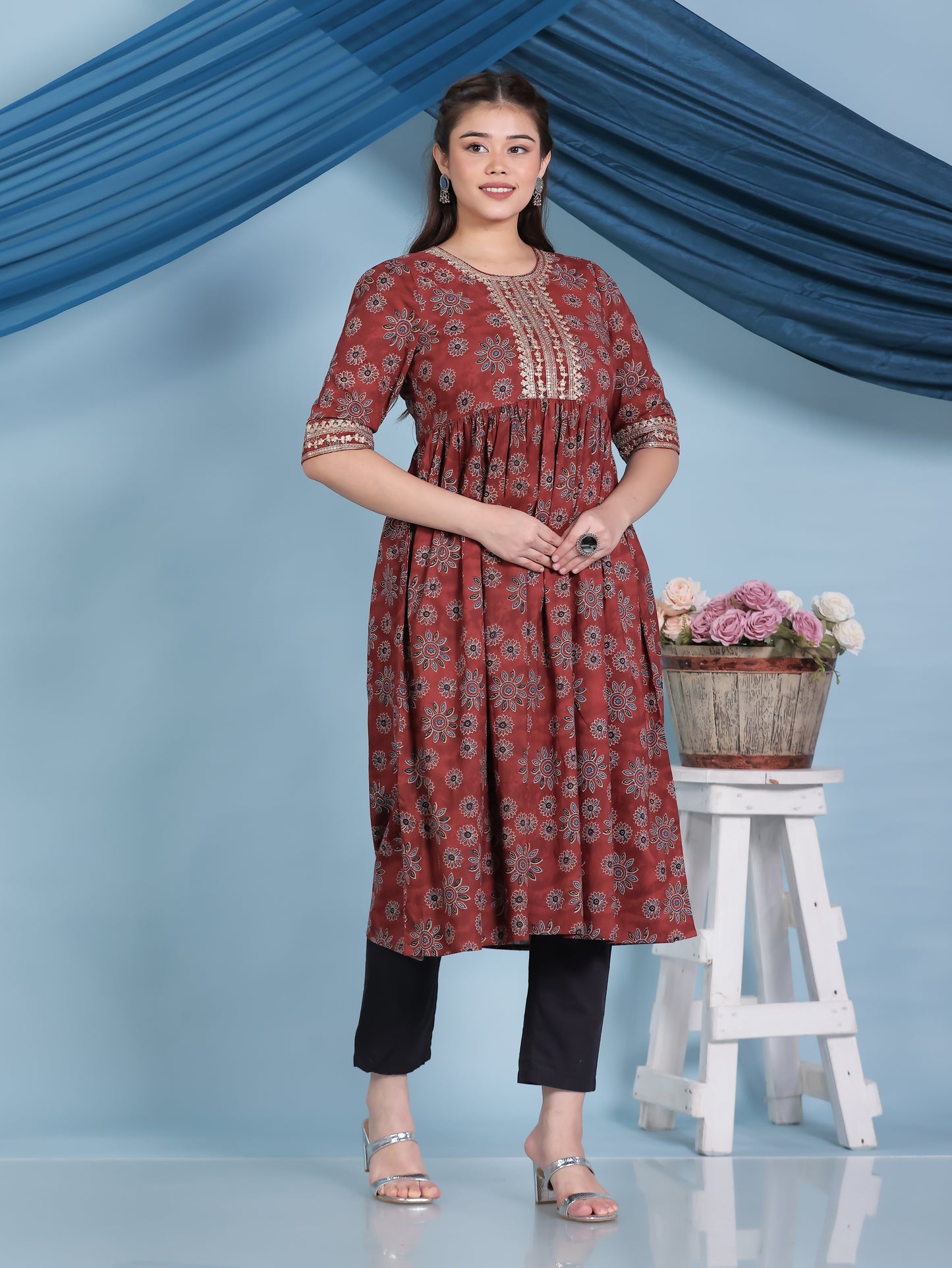 Embroidered Soft Cotton Floral Anarkali Rust Kurta