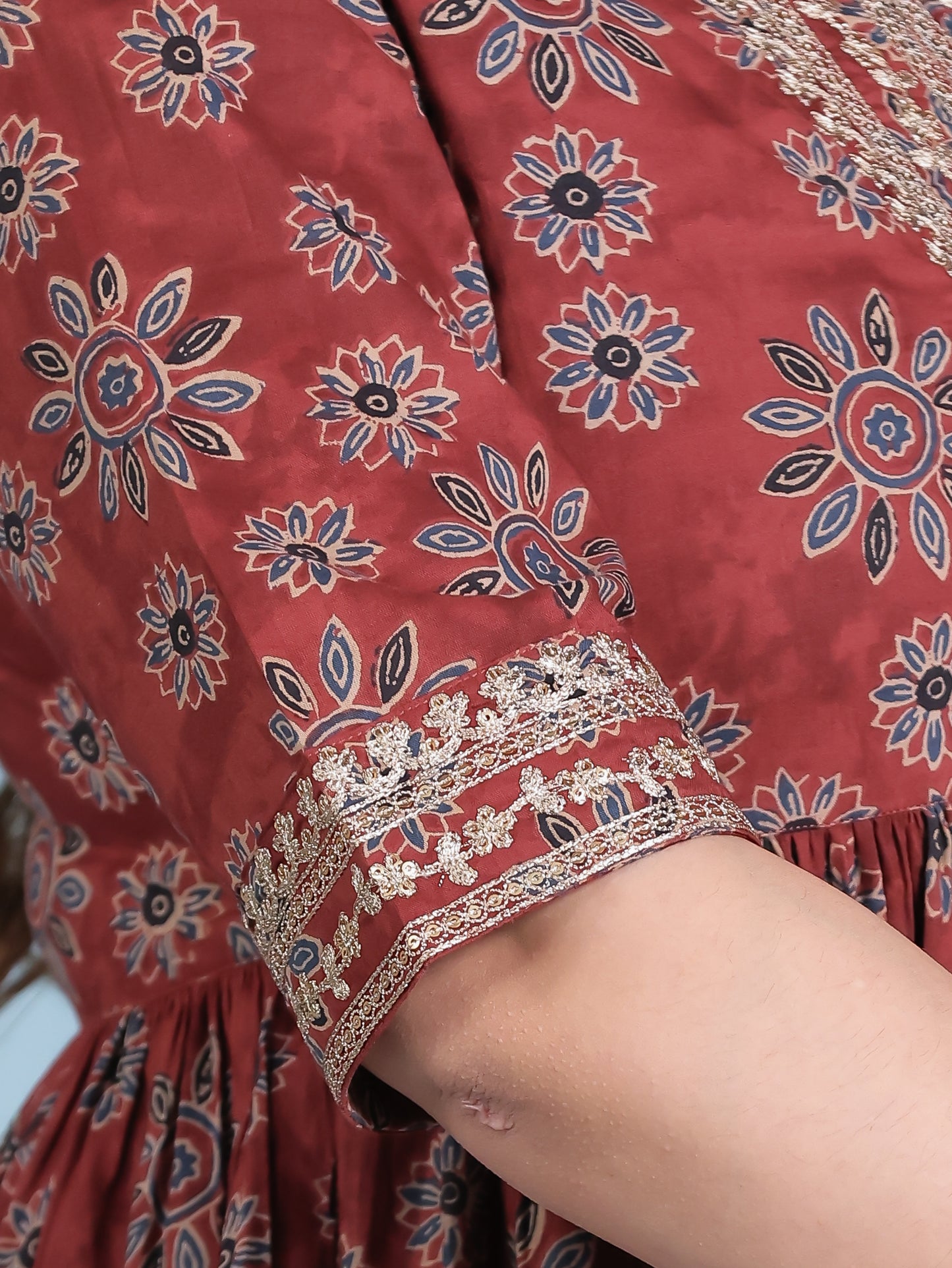 Embroidered Soft Cotton Floral Anarkali Rust Kurta