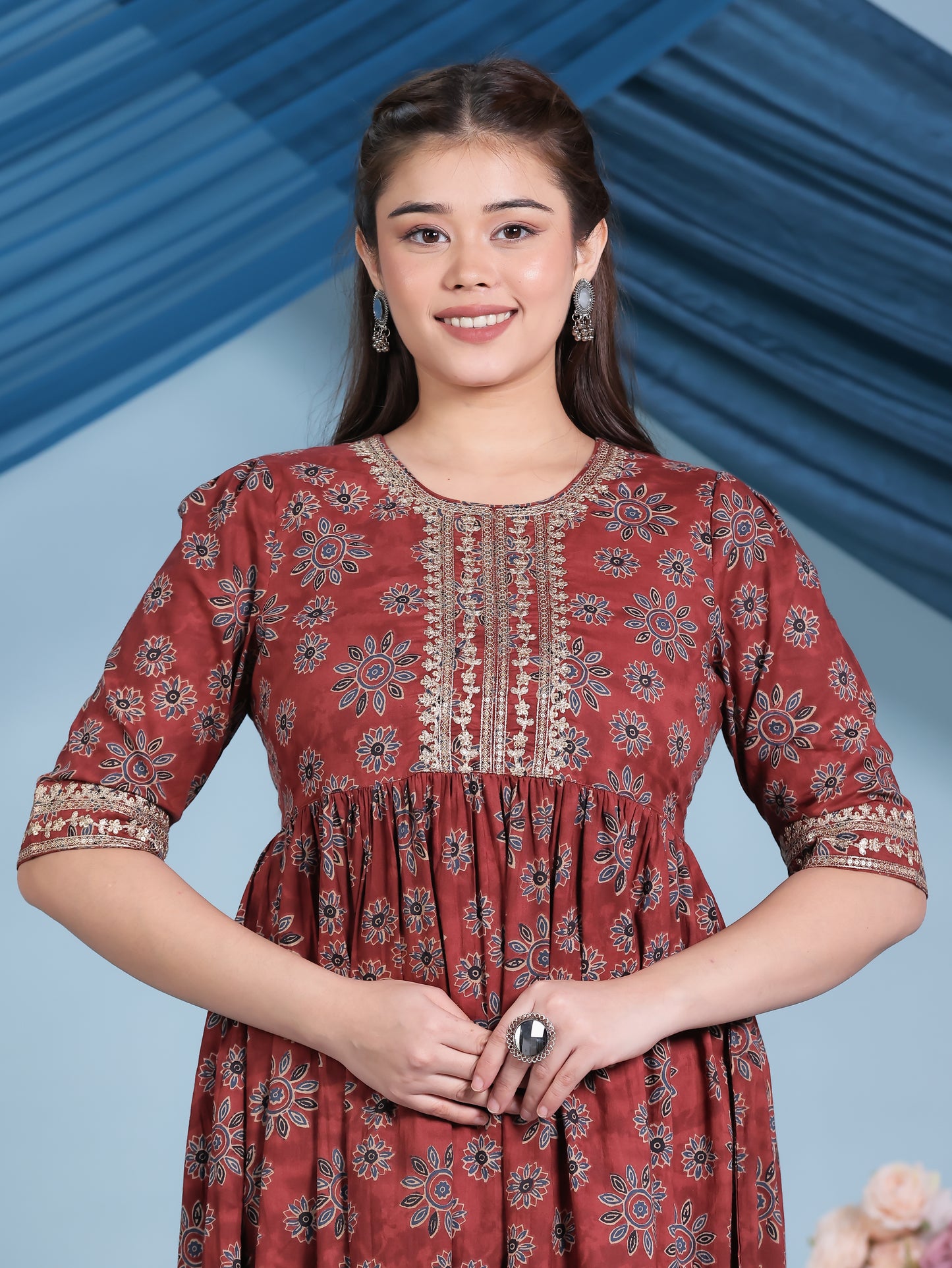 Embroidered Soft Cotton Floral Anarkali Rust Kurta