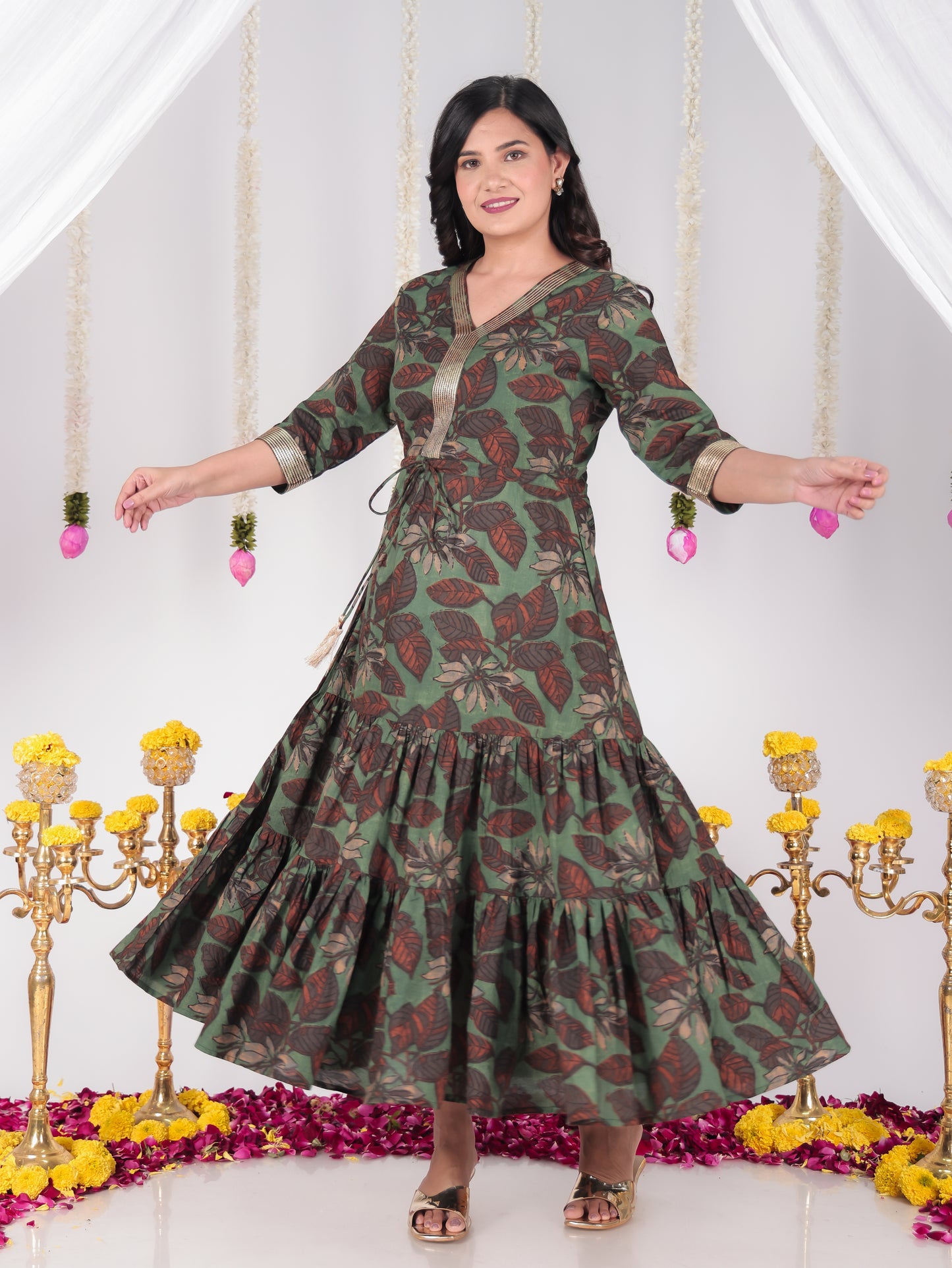 Embroidered Soft Cotton Floral A-line Green Dress