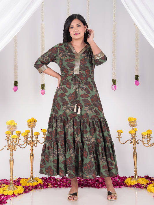 Embroidered Soft Cotton Floral A-line Green Dress