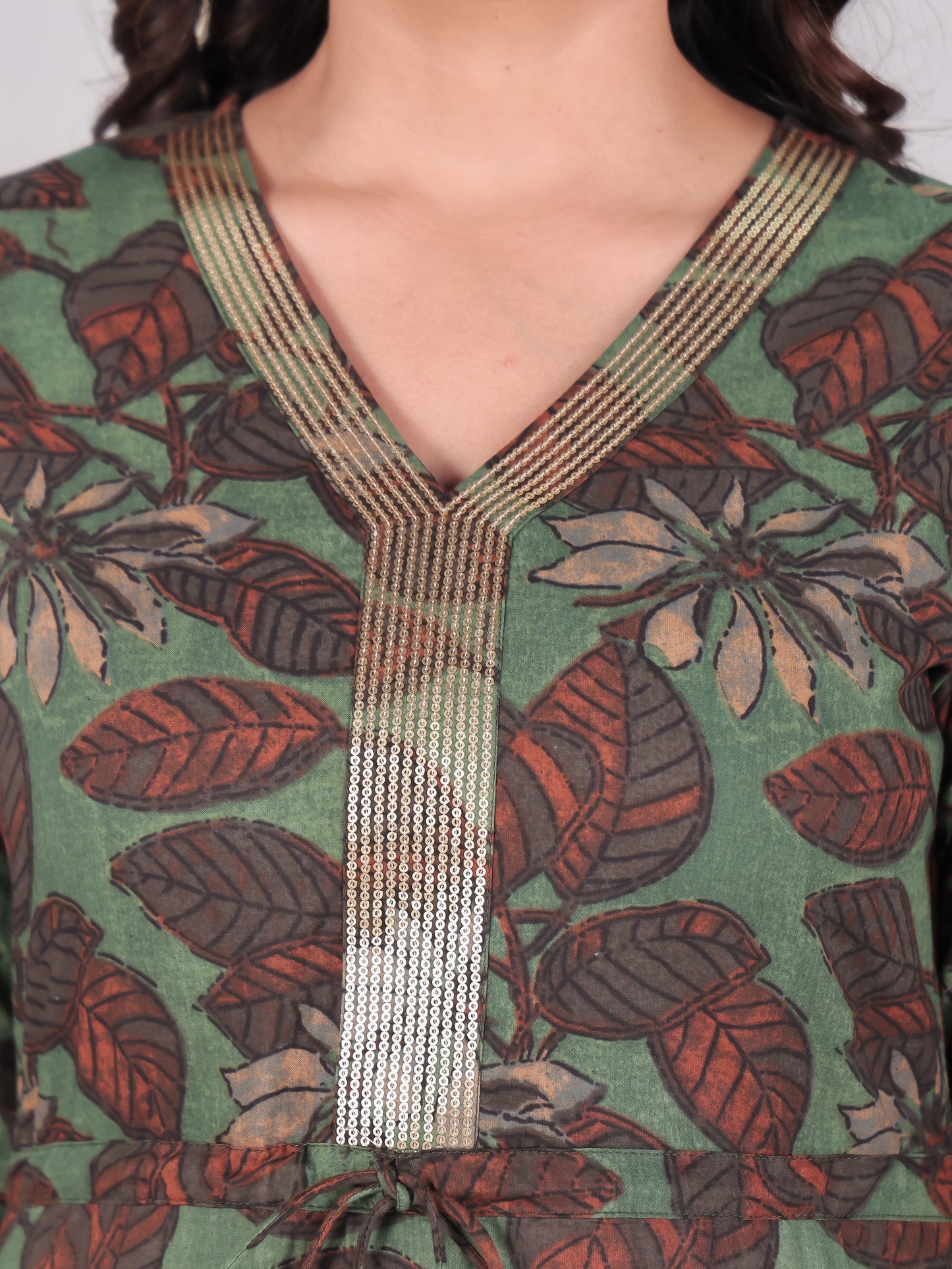Embroidered Soft Cotton Floral A-line Green Dress