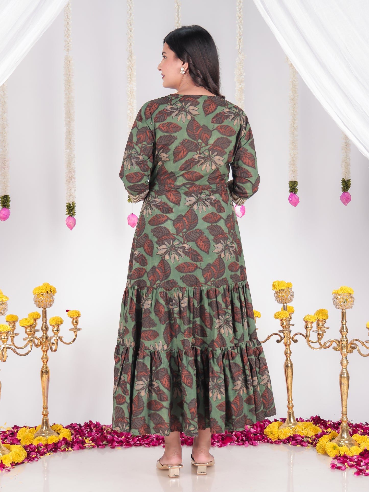 Embroidered Soft Cotton Floral A-line Green Dress