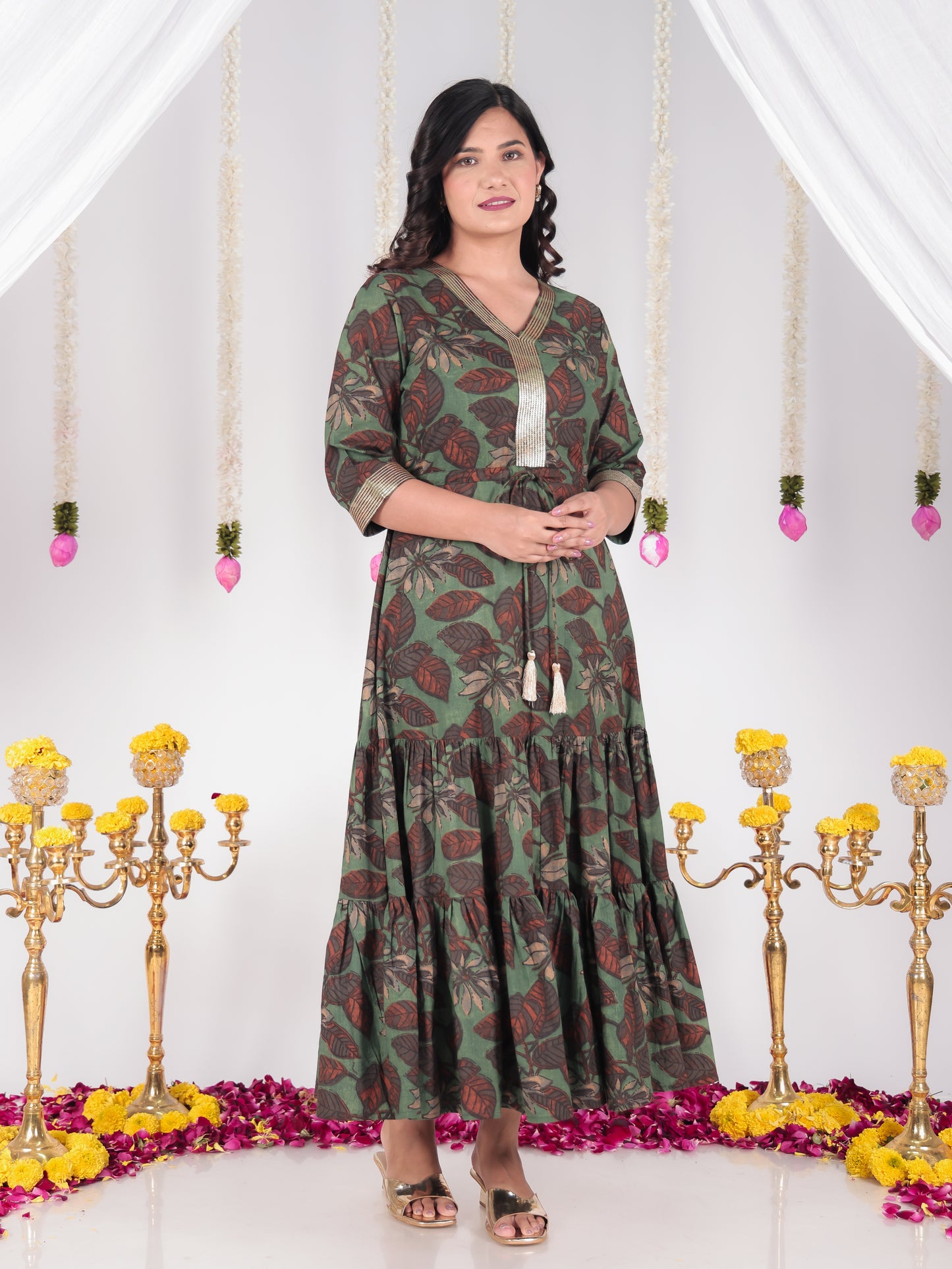 Embroidered Soft Cotton Floral A-line Green Dress