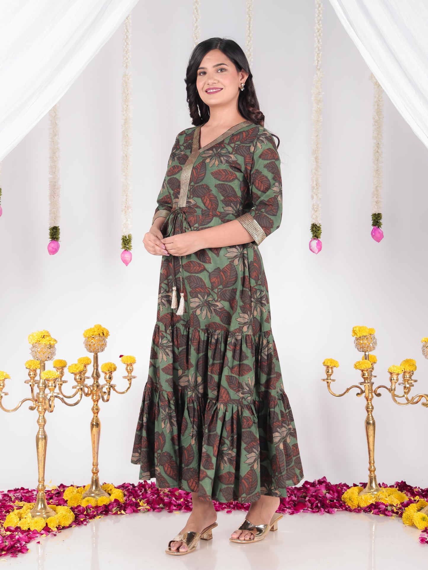 Embroidered Soft Cotton Floral A-line Green Dress