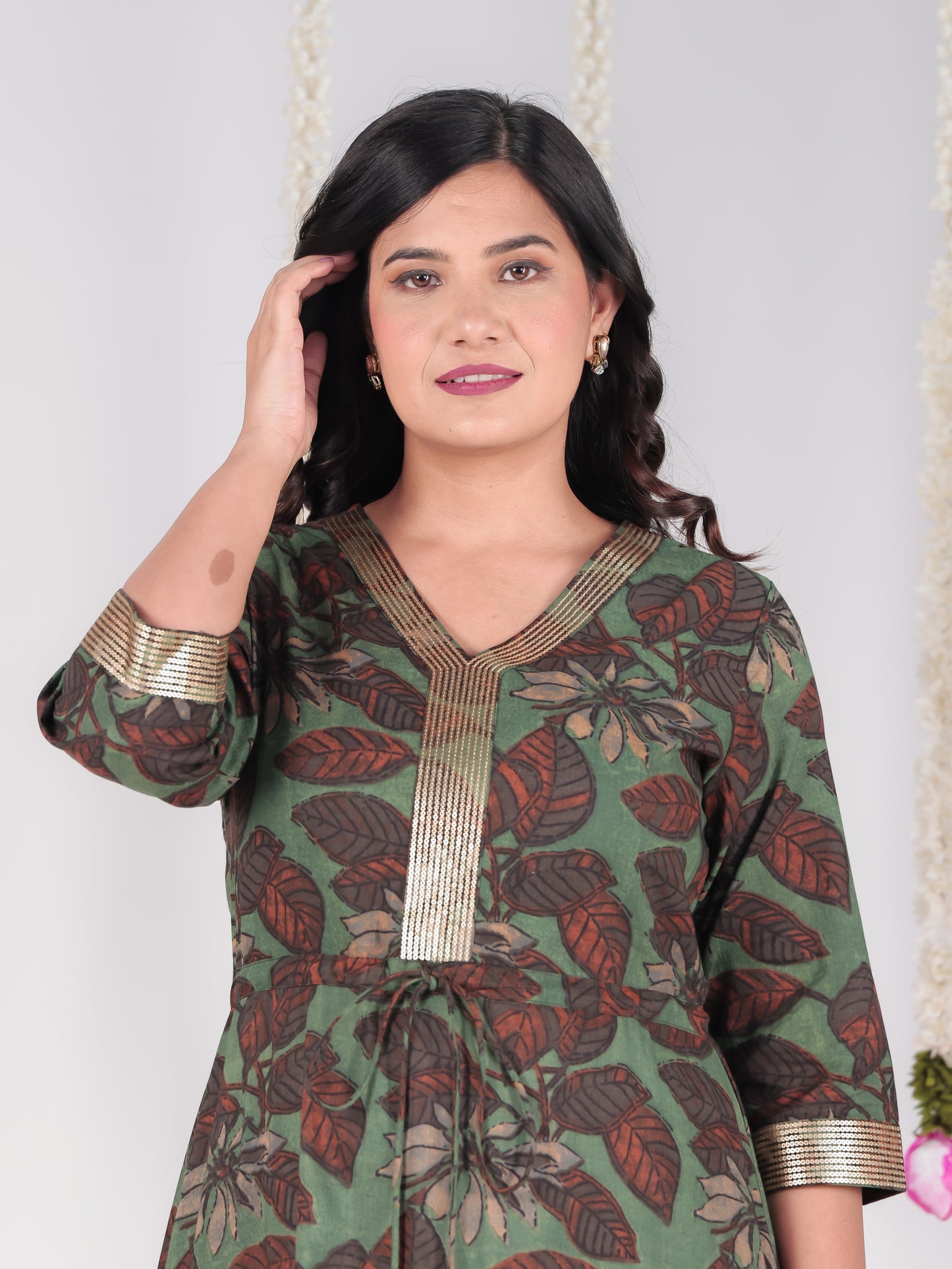Embroidered Soft Cotton Floral A-line Green Dress