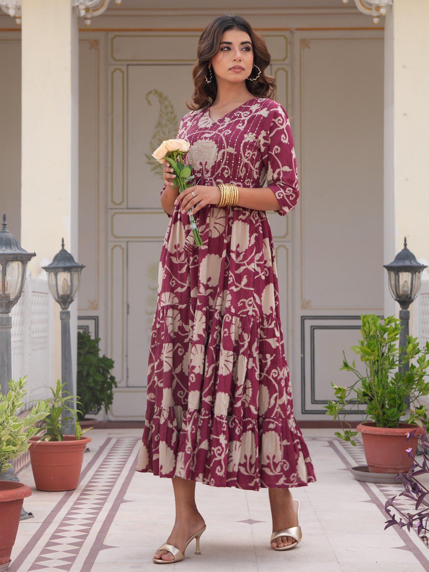 Embroidered Soft Cotton Floral A-line Pink Dress