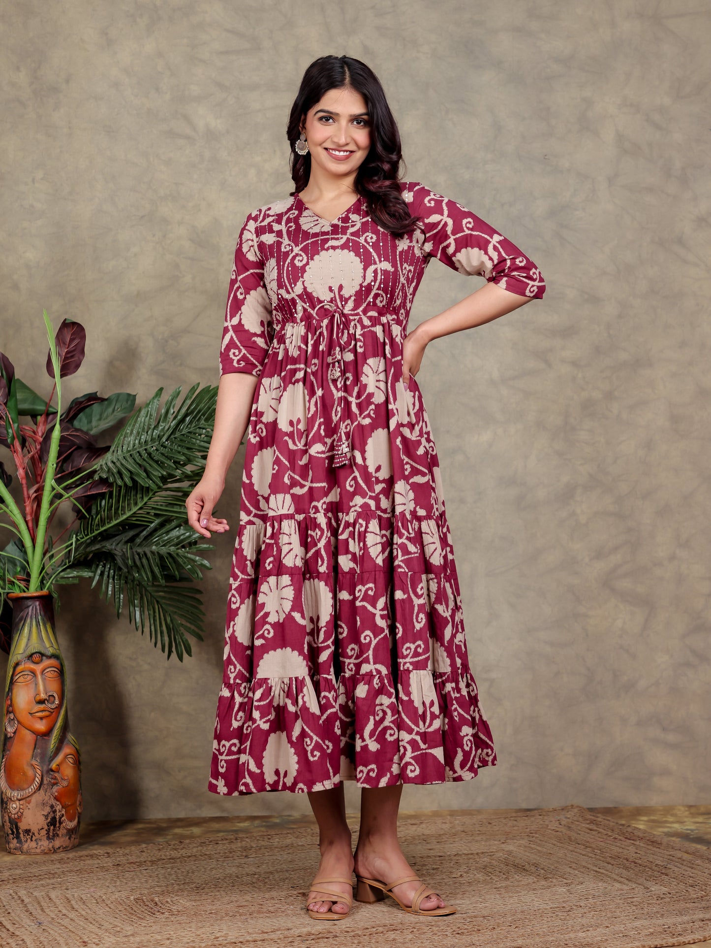 Embroidered Soft Cotton Floral A-line Pink Dress